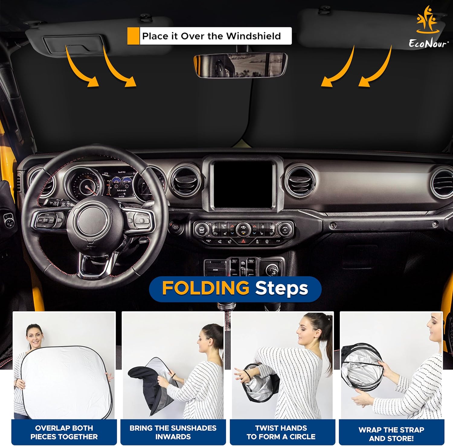 EcoNour 2-Piece Windshield Sun Shade for Jeep | Foldable Jeep Wrangler Sun Shade/Jeep Gladiator Sun Shade fit for Jeep Wrangler JL JLU 2018-2025 / Jeep Gladiator 2020-2025 | Keeps Car Interior Cooler