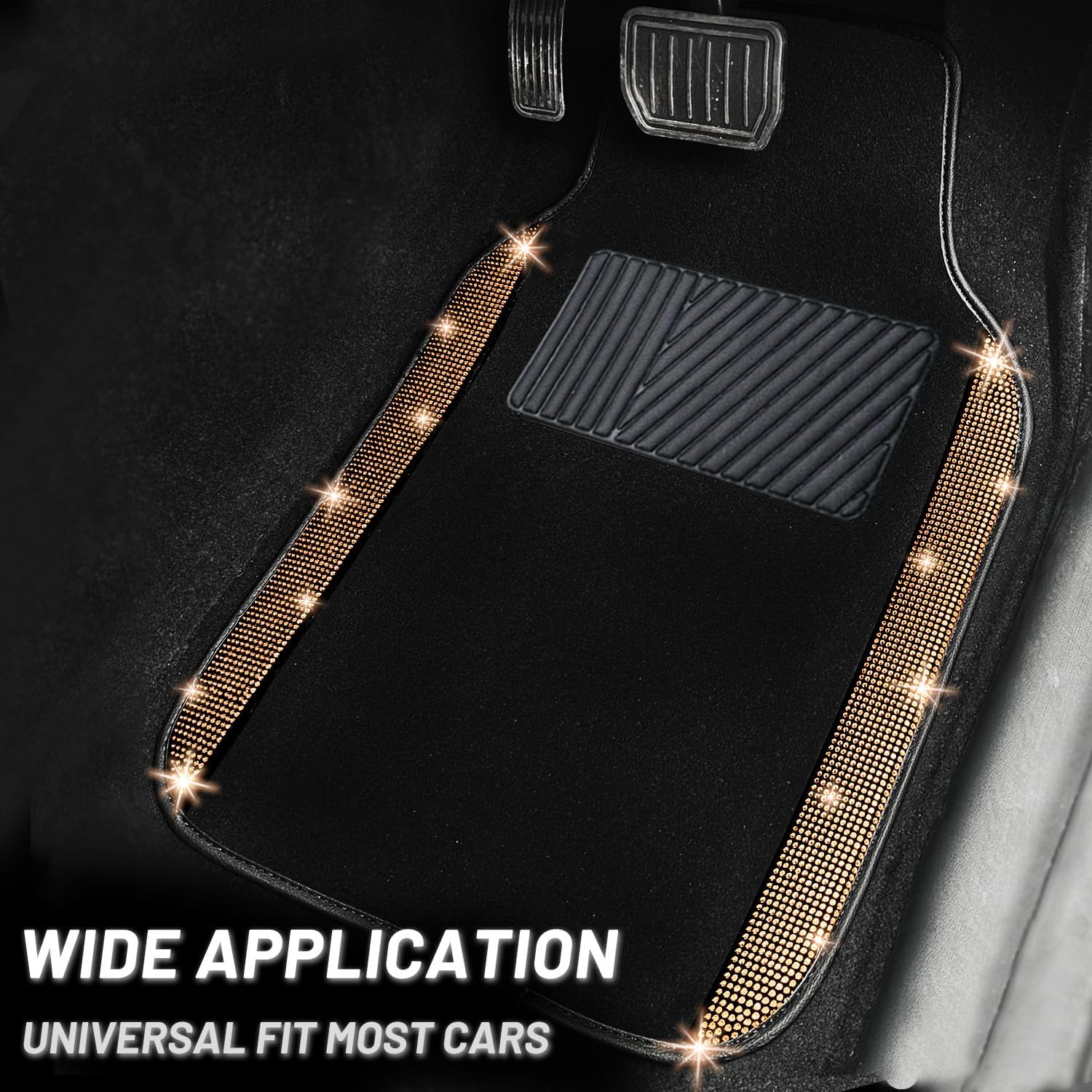 NBTEPEM Gold Bling Car Floor Mats Full Set, Universal Fit Most Cars,SUV, Trucks, 4 pcs Sparkle Glitter Diamond Carpet for Women Girls with Anti-Slip Pad (Gold Diamond)