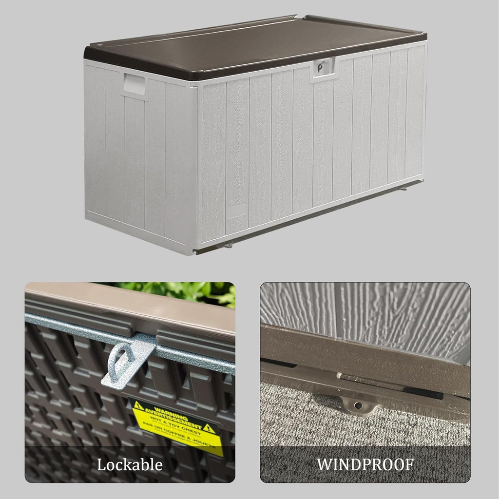 110 Pro Gallon Resin Deck Box, Waterproof Outdoor Storage Bin for Patio, Poolside, and Garden, Lockable & UV-Resistant, Ideal for Small Spaces, Coffee