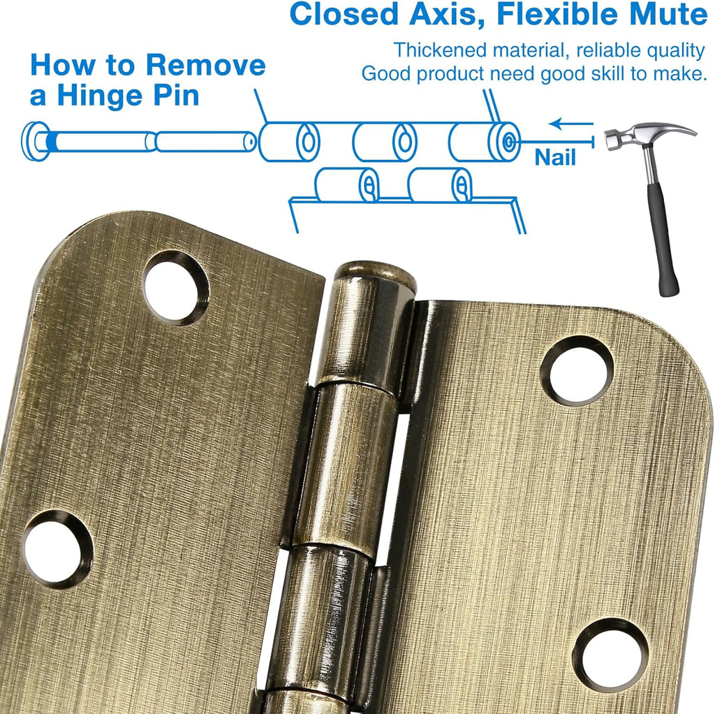 6 Pack Antique Brass Door Hinges 3.5 Inch Black Interior 3 1/2" Rounded 5/8" Radius Standard Residential Bedroom Indoor for Doors 3 ½" Hardware Control House Home Decor Essentials Acessories