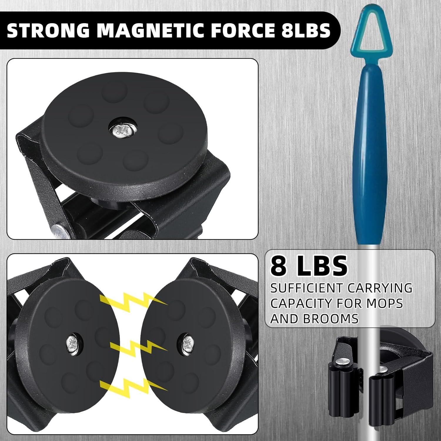 8 Pcs Magnetic Mop Broom Holder Movable Magnetic Broom Holder Rack, Anti Slip Wall Mounted Utility for Cleaning Tools, Garage, Kitchen, Laundry, Garden (Black)