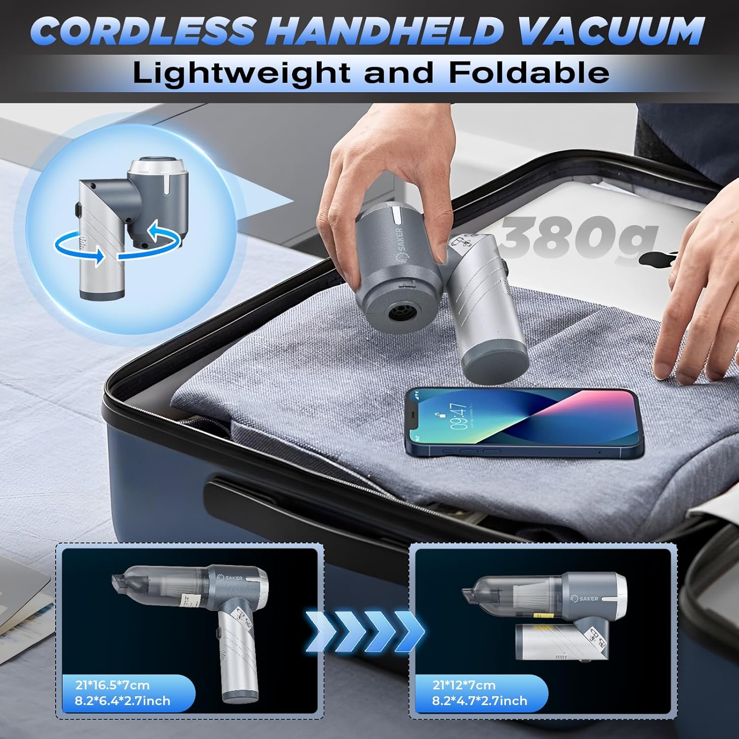 Saker Car Vacuum Cleaner 17000PA Foldable 3 in 1 Mini Handheld Car Vacuum Portable Cordless with Brushless Motor for Hair,Cars,Bedrooms,Offices Cleaning HL132 Silver
