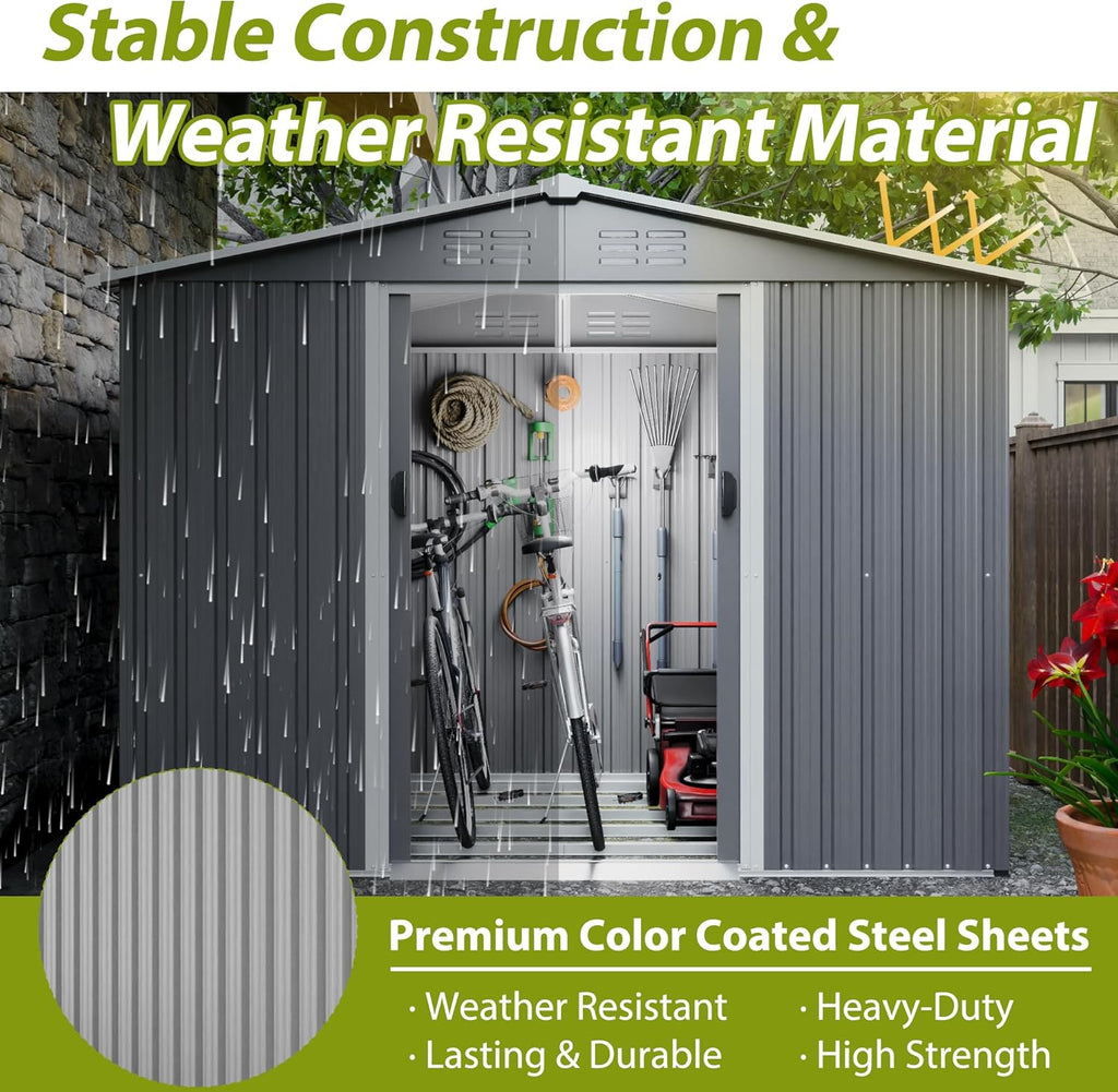 8x6 FT Outdoor Metal Storage Shed with Lockable Door & Floor Frame, Heavy-Duty Garden Tool Shed, Weatherproof Steel Utility Shed for Backyard, Patio, or Lawn Organization