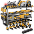 Power Tool Organizer Wall Mount with Charging Station, 4 Layer 8 Slots Cordless Drill Holder for Garage Storage, Utility Racks Max 420lbs Load With 6 Outlet Power Strip for Fathers Men Gift