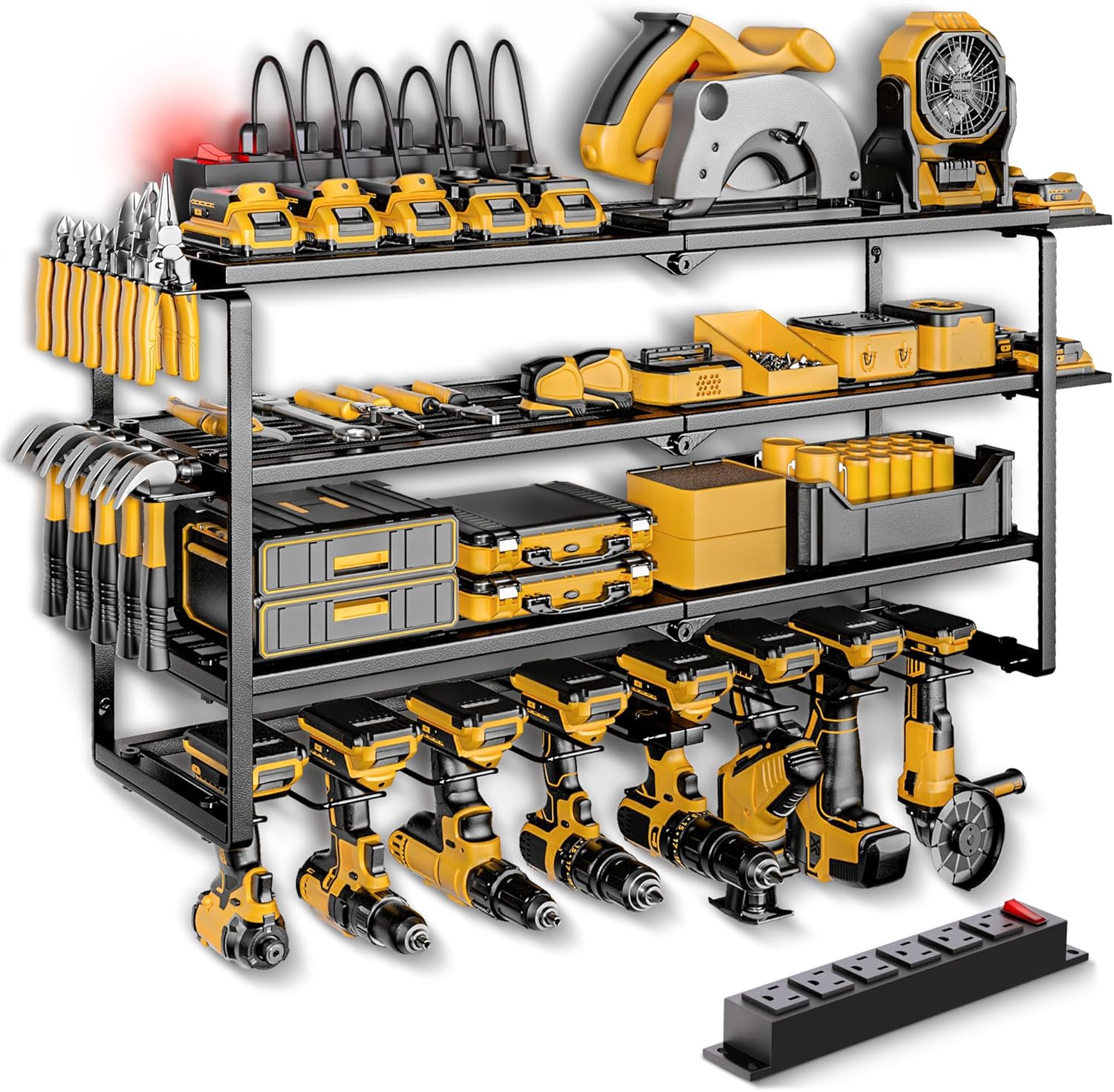 Power Tool Organizer Wall Mount with Charging Station, 4 Layer 8 Slots Cordless Drill Holder for Garage Storage, Utility Racks Max 420lbs Load With 6 Outlet Power Strip for Fathers Men Gift