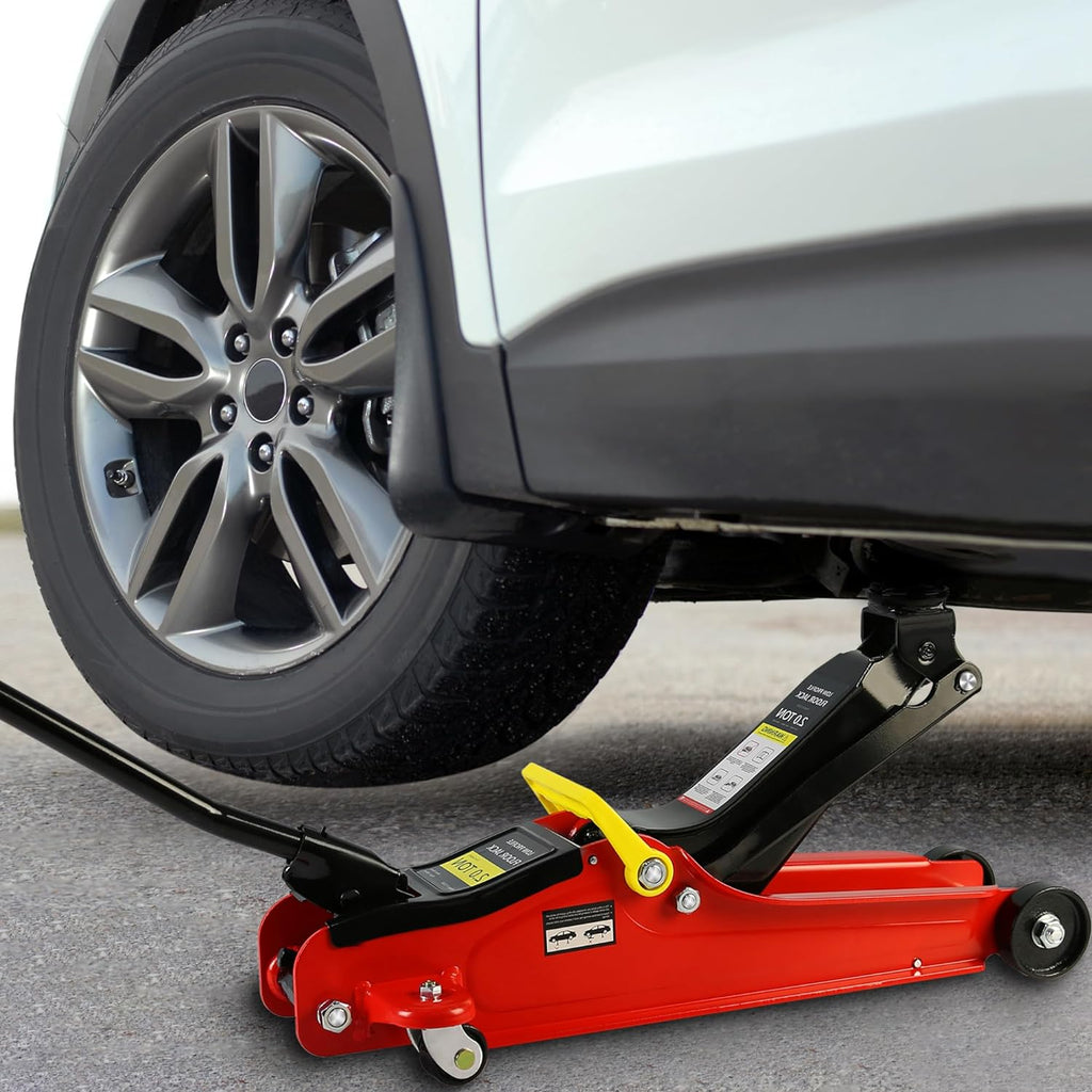 5 Piece Car Truck Floor Jack Service, Hydraulic Trolley Floor Jack & Jack Stands & Tire Repair Kit & L-Wrench for Garage, Repair Shop, DIY, Lift Range 3.3"-15.2", 2 Ton/4000 LBS Capacity, Red