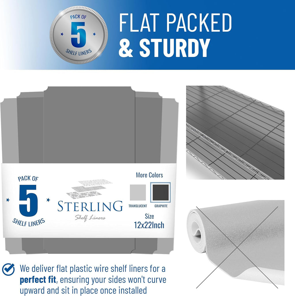 Shelf Liners for Wire Shelf System: Set of 5 in Graphite: 12 x 22 inch: Plastic Wire Shelving Shelf Mats