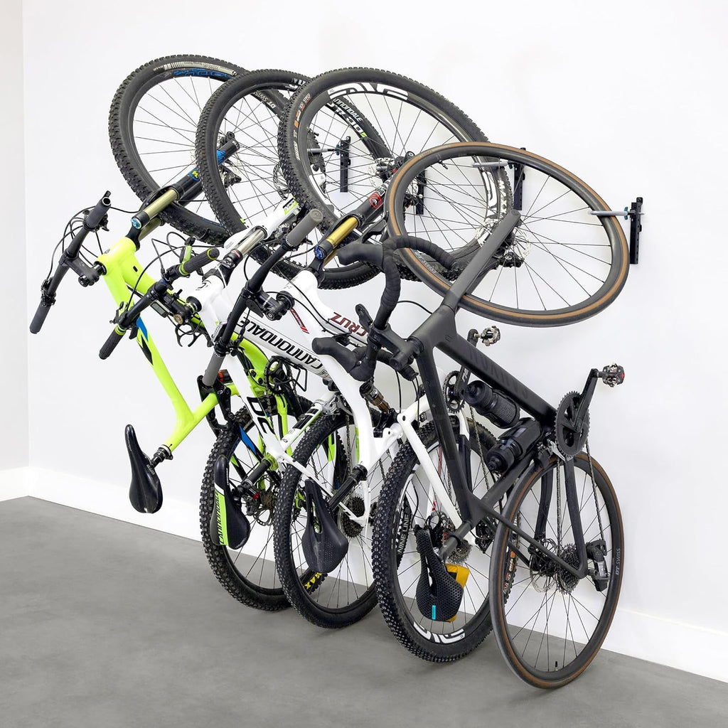 WheelRest Bike Hook, No-Lift Garage Wall Mount, Vertical Bicycle Storage Rack, Adjustable Bike Hanger for MTB, Road, eBike, 4 Pack