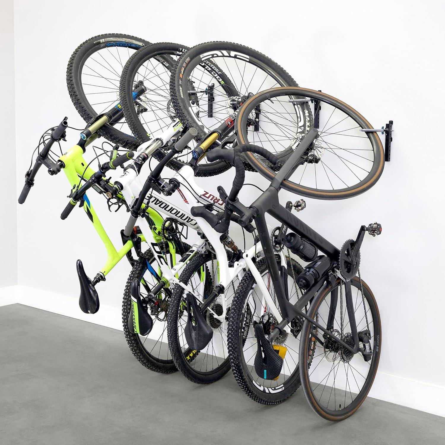 WheelRest Bike Hook, No-Lift Garage Wall Mount, Vertical Bicycle Storage Rack, Adjustable Bike Hanger for MTB, Road, eBike, 4 Pack
