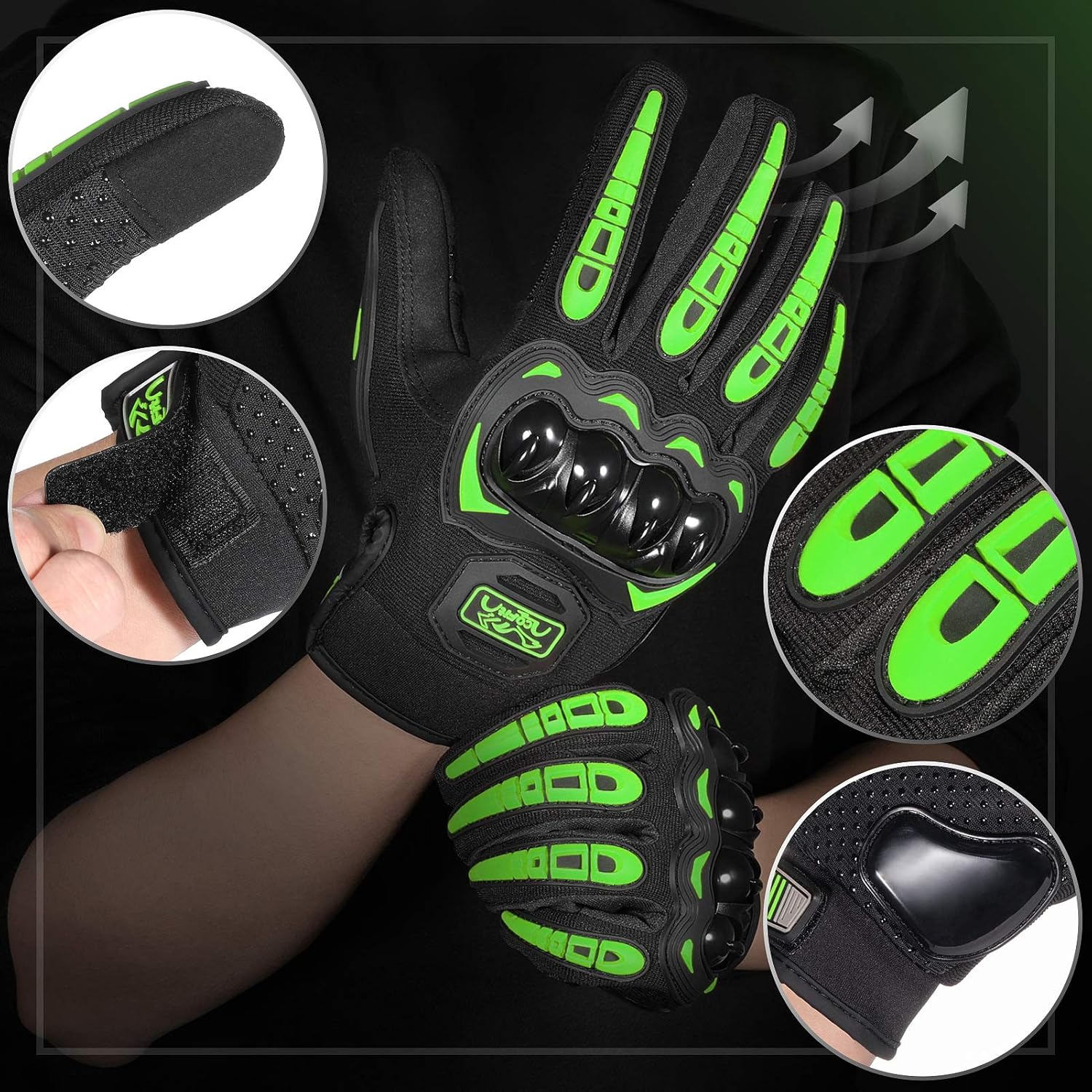 COFIT Motorcycle Gloves Breathable, Touchscreen Motorbike Gloves Anti-Slip with Good Grip Hard Knuckles Protection for Men Women Motocross, BMX ATV MTB Cycling, Road Racing - Green L