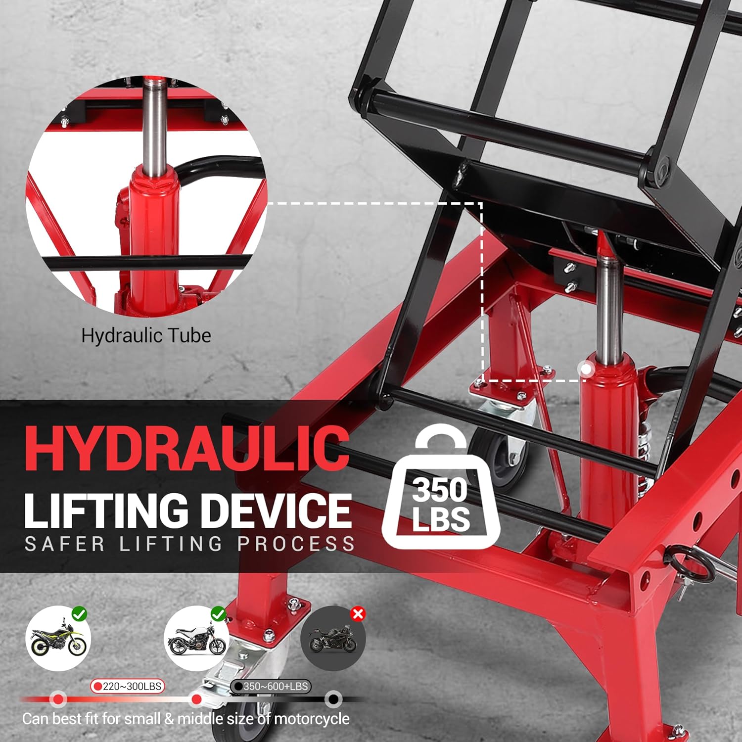 Hydraulic 350LBS Motorcycle Lift Jack - Foot-Pump Scissor Lift Table with Safety Lock, Wheels & Oil Drain Hole - Height Adjustable 13.78-34.25" for ATV, Dirt Bike, Cruiser Maintenance Red