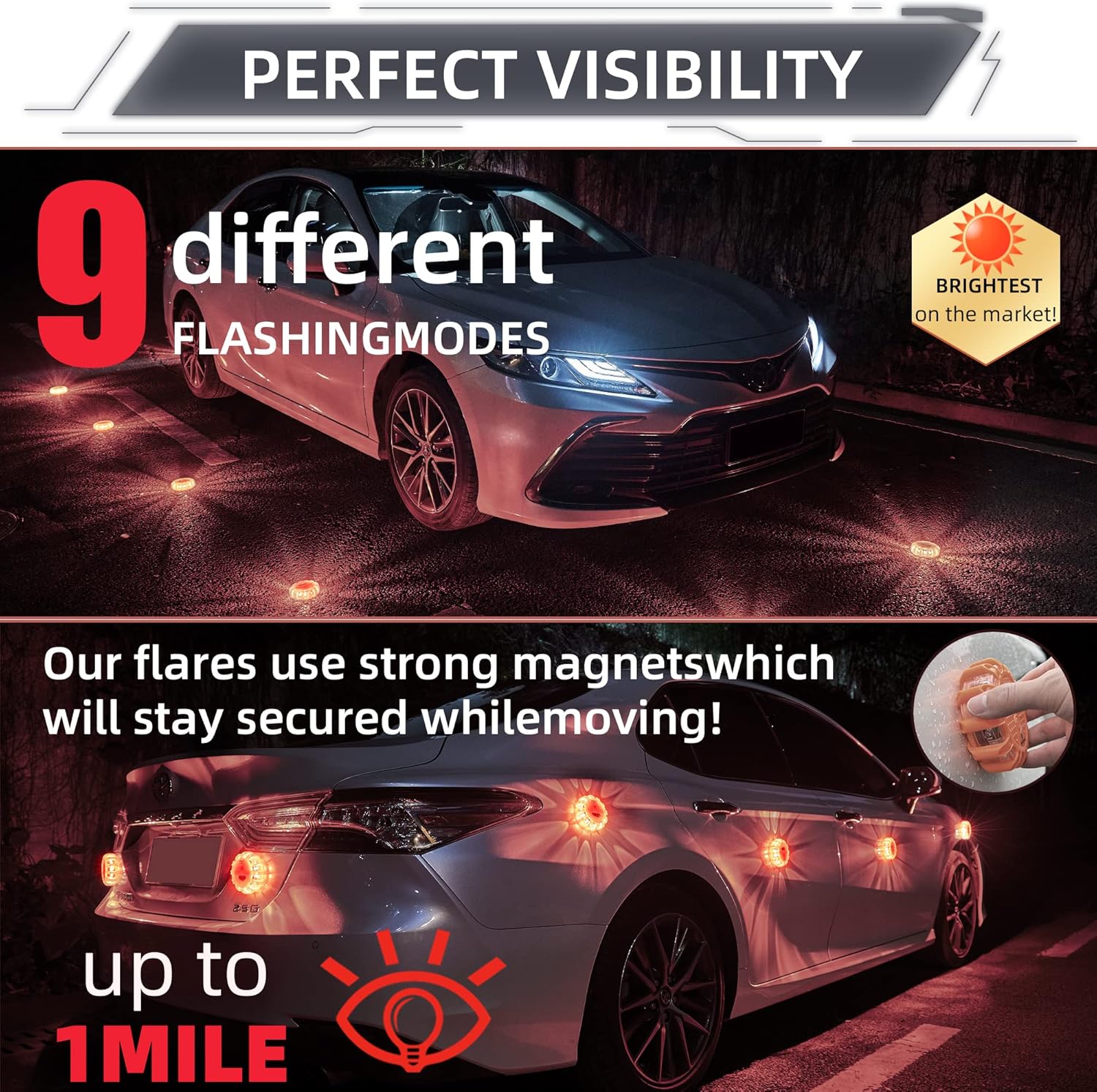 LED Road Flares 6Pack Roadside Emergency car kit Emergency Road Flares Kit with Magnetic Base for Vehicles & Boat | 9 Flash Modes(with Batteries) (6pack rechargeable)