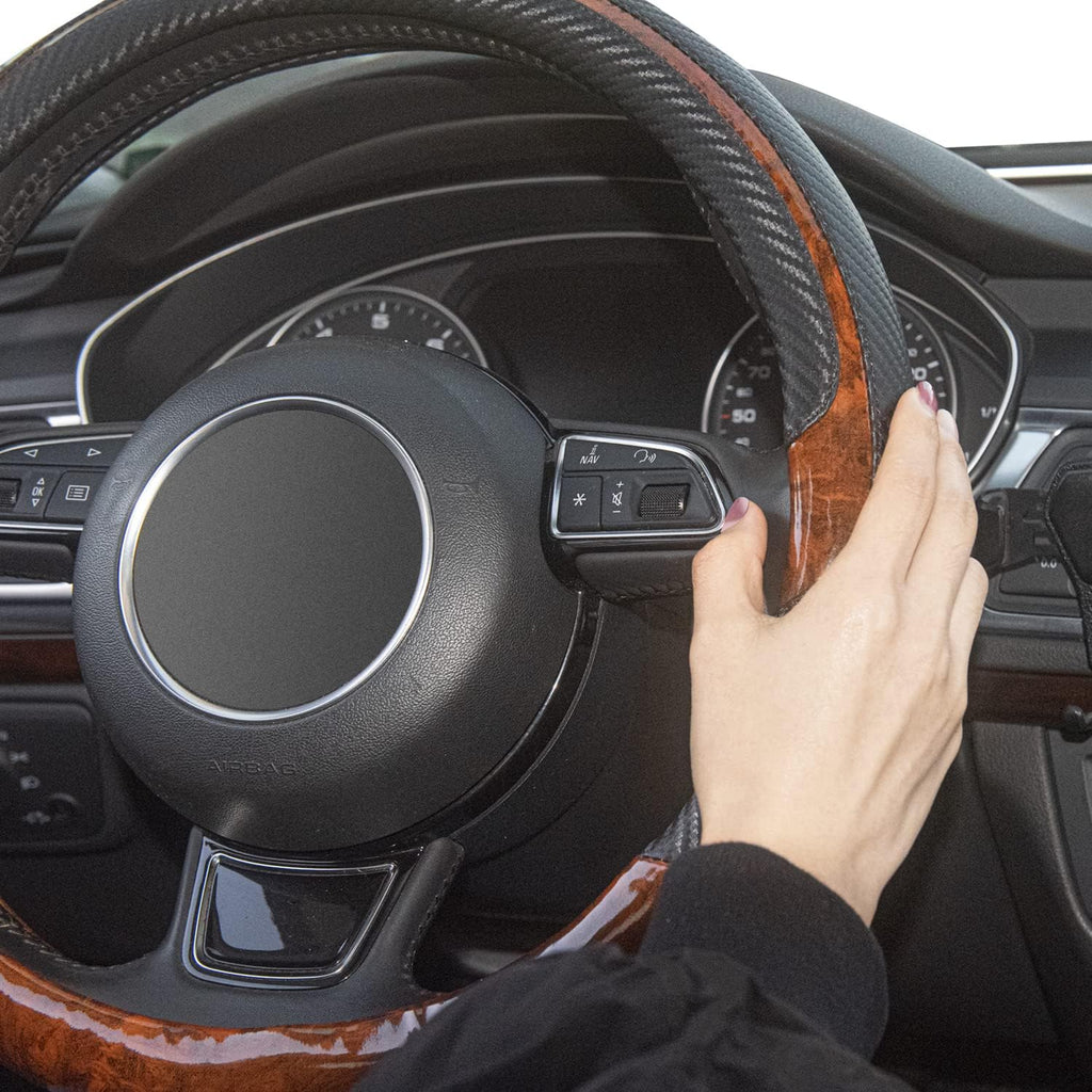 Xizopucy Wood Grain Steering Wheel Cover Black Universal Microfiber Leather, Suitable for 14 1/2-15 inch Comfortable Anti-Slip, Good Breathable and Odorless Car Steering Wheel Cover