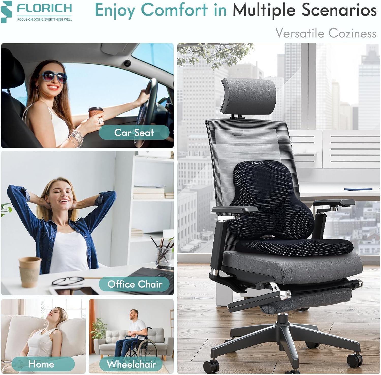 FLORICH Car Seat Cushion and Lumbar Support Pillow for Office Chair Car, Ergonomic Memory Foam, Relieves Back Sciatica Pain, Pressure-Relieving Back Support for Car, Office Chair & Wheelchair – Black