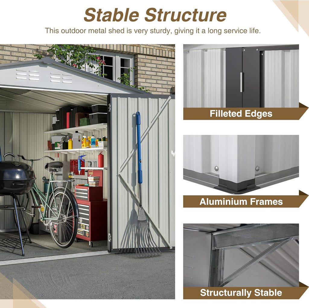 8x6 FT Outdoor Metal Storage Shed with Lockable Door & Floor Frame, Heavy-Duty Garden Tool Shed, Weatherproof Steel Utility Shed for Backyard, Patio, or Lawn Organization