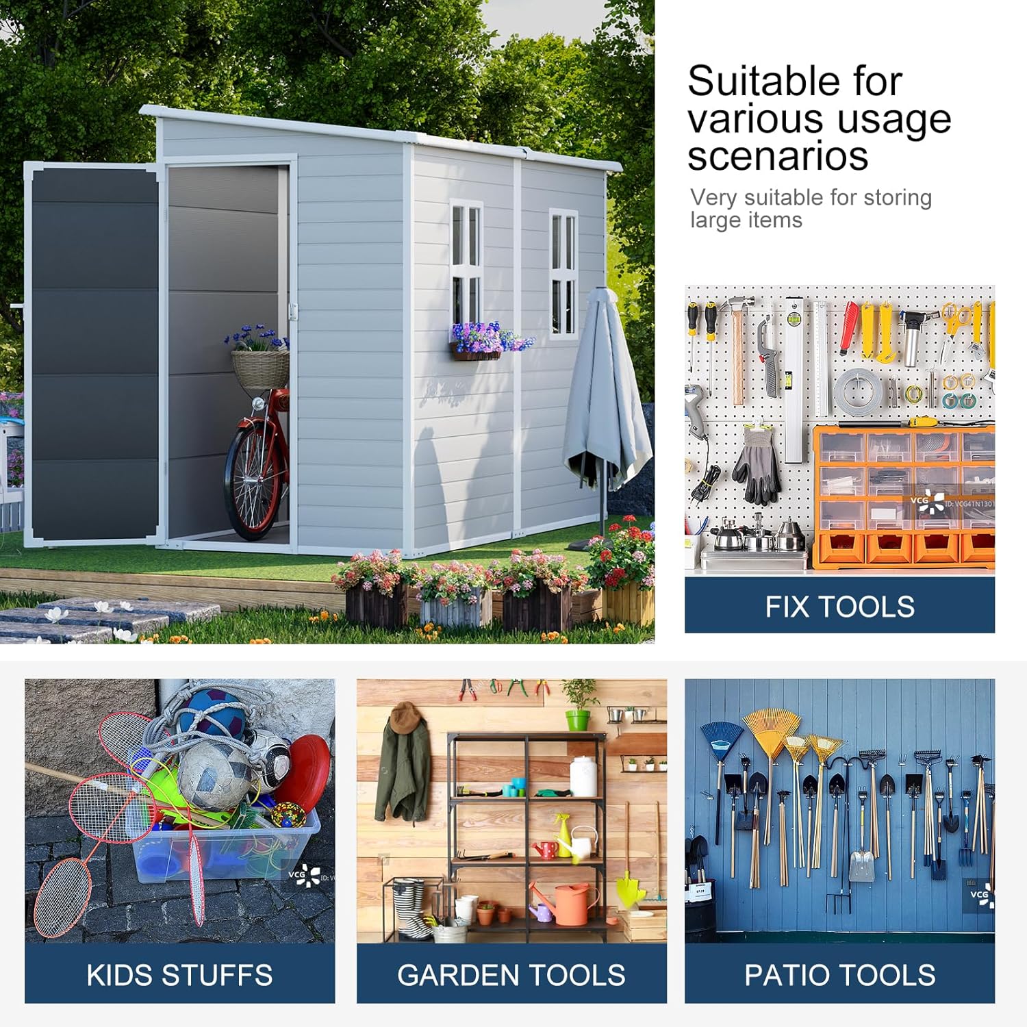 8x4 FT Resin Storage Shed with Floor Window for Outdoor Garden Waterproof Plastic Sheds Kit for Backyard Tool Storage, Gray