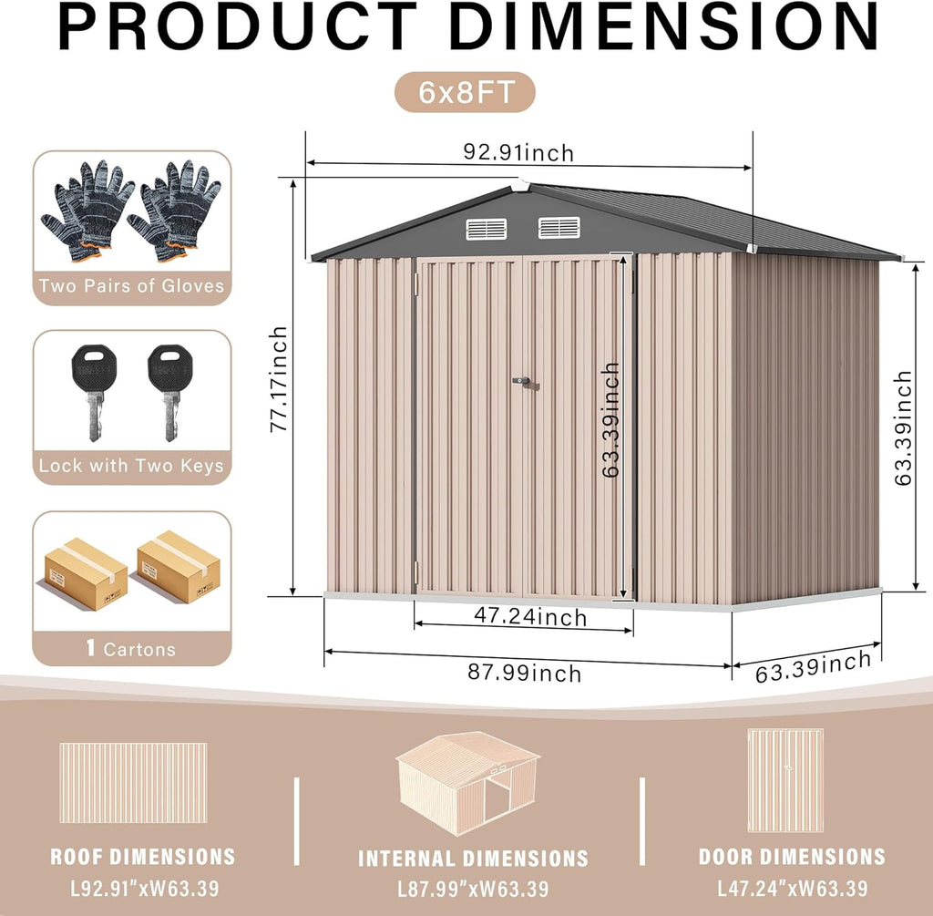 6x8x6.4 FT Outdoor Storage Sheds, Metal Garden Tool Shed for Backyard, Large Metal Sheds Outdoor Storage with Lockable Doors & Air Vents for Backyard Garden Patio Lawn