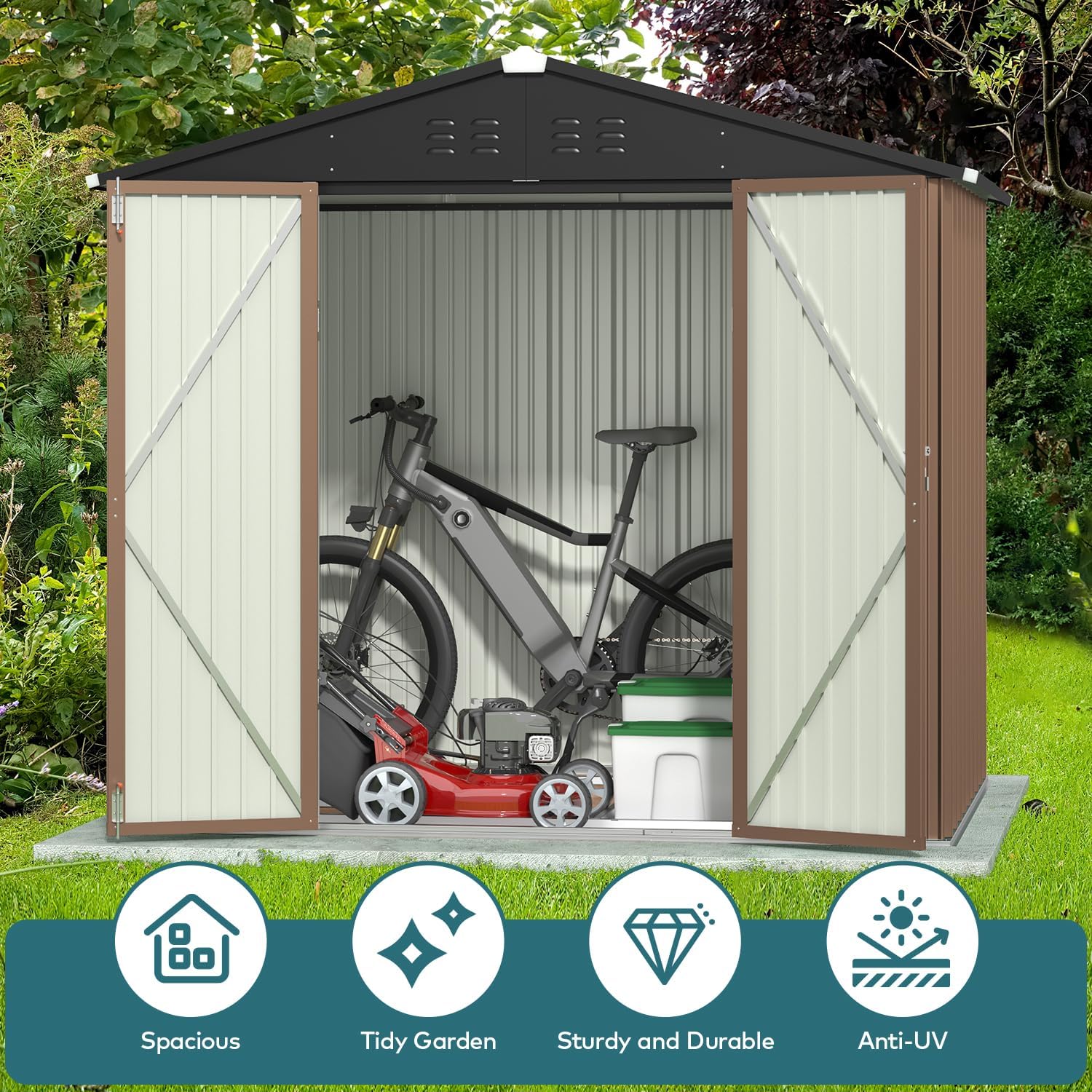 Gizoon Outdoor Storage Shed 8 x 6 FT, Galvanized Metal Garden Shed with Double Lockable Doors, Outdoor Storage Clearance for Backyard Patio Lawn-Light Brown