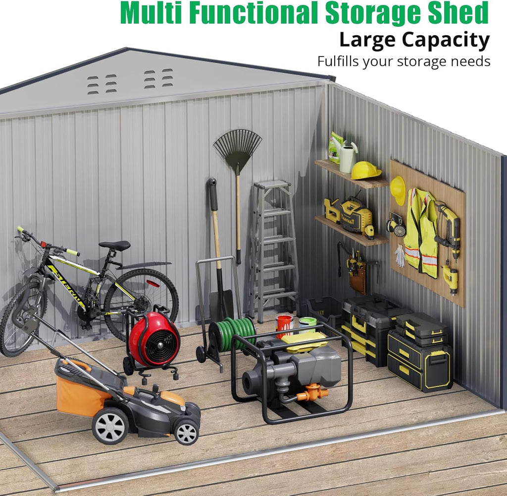 Outdoor Storage Shed 12 x 10 Ft, Outdoor Tool Metal Shed with Lockable Door, Air Vents and Sloping Roof, Metal Aluminum Waterproof Tool Sheds for Yard, Garden, Patio, Garage, Lawn, Gray