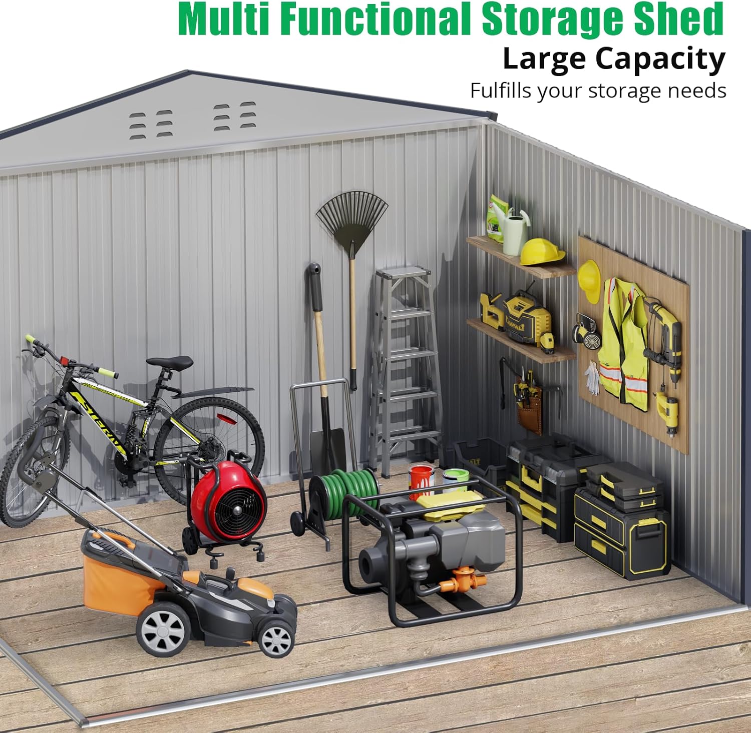 Outdoor Storage Shed 12 x 10 Ft, Outdoor Tool Metal Shed with Lockable Door, Air Vents and Sloping Roof, Metal Aluminum Waterproof Tool Sheds for Yard, Garden, Patio, Garage, Lawn, Gray