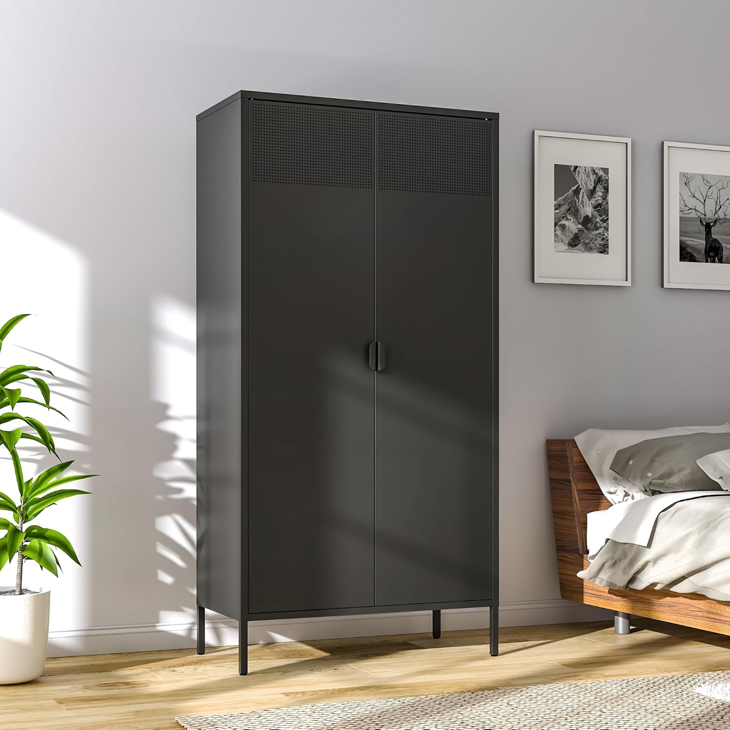 Metal Storage Cabinets Locker with Hanging Rod and Adjustable Shelves, 71'' Clothing Steel Storage Wardrobe for Home & Office, School, Employee,Gym(Black, 71''H-Wardrobe)