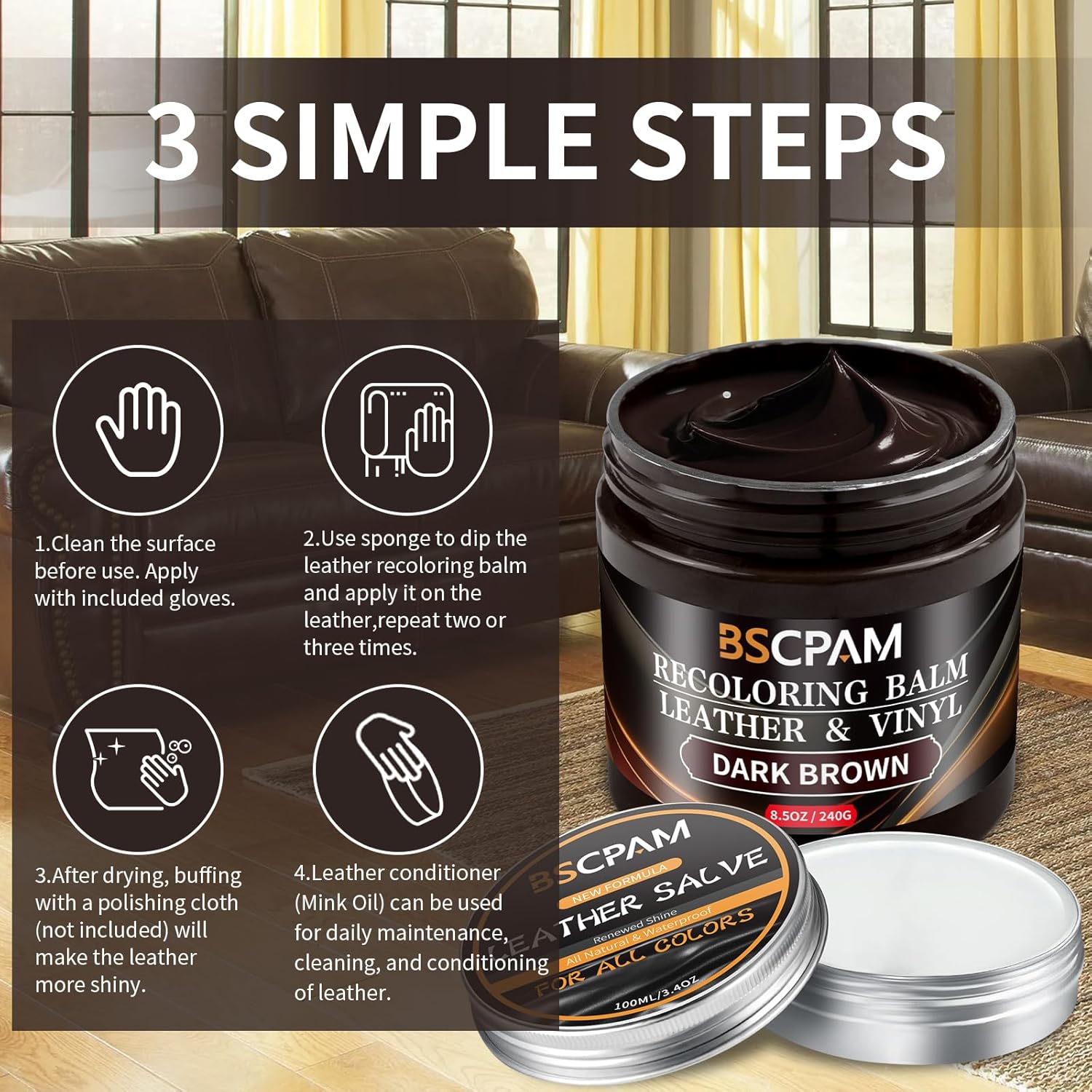Dark Brown Leather Recoloring Balm with 100ml Mink Oil,Leather Couch Scratch Remover,Leather Repair kit for Vinyl Furniture and Car Interior,Leather Dye Paint,Mink Oil for Leather