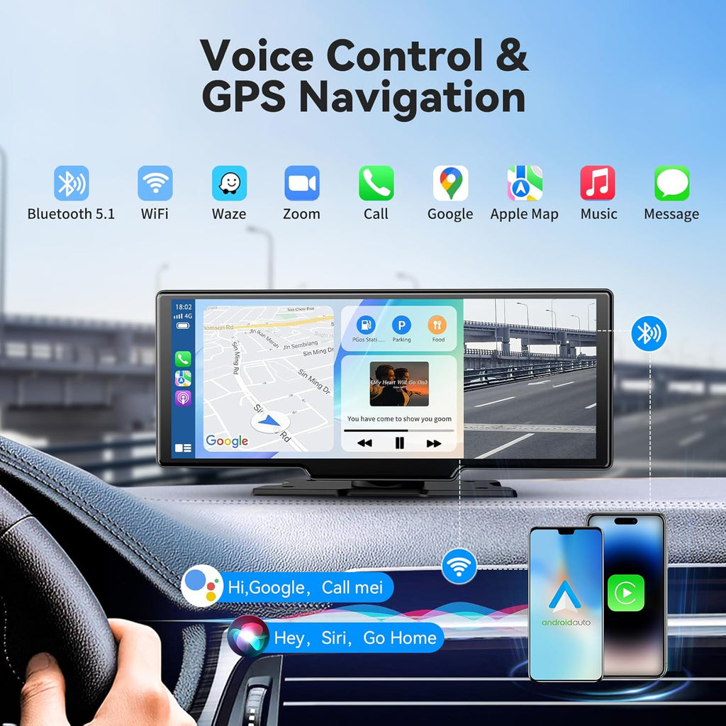 10.26" HD Wireless Car Stereo for Carplay & Android Auto, Portable Touch Screen for Car, 4K Dash Cam, 1080P Backup Camera, Bluetooth, AUX/FM, Googel, Siri, Mirror Link, GPS Navigation