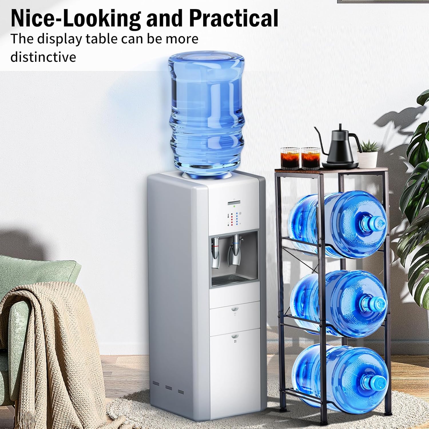 3-Tier 5 Gallon Water Bottle Holder, Heavy Duty Water Jug Rack with Wood Top Shelf, Water Dispenser Stand for Kitchen, Office, Garage