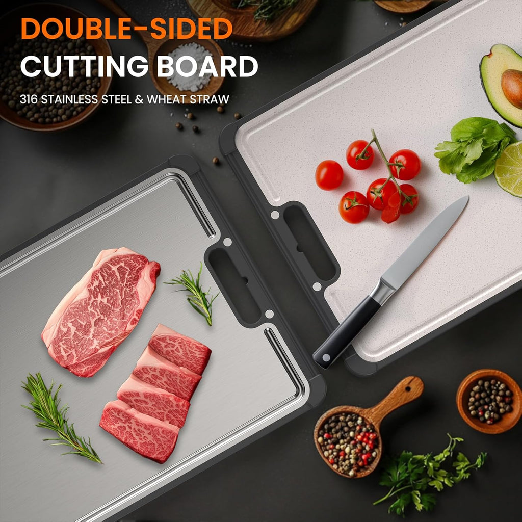 Premium 316 Stainless Steel Cutting Board for Kitchen Extra Large 16.9" x 11.8" Best Non-Toxic Chopping Board for Meat Food-Grade Metal & Eco-Friendly Wheat Straw Dual-Sided Healthy Kitchen Essential