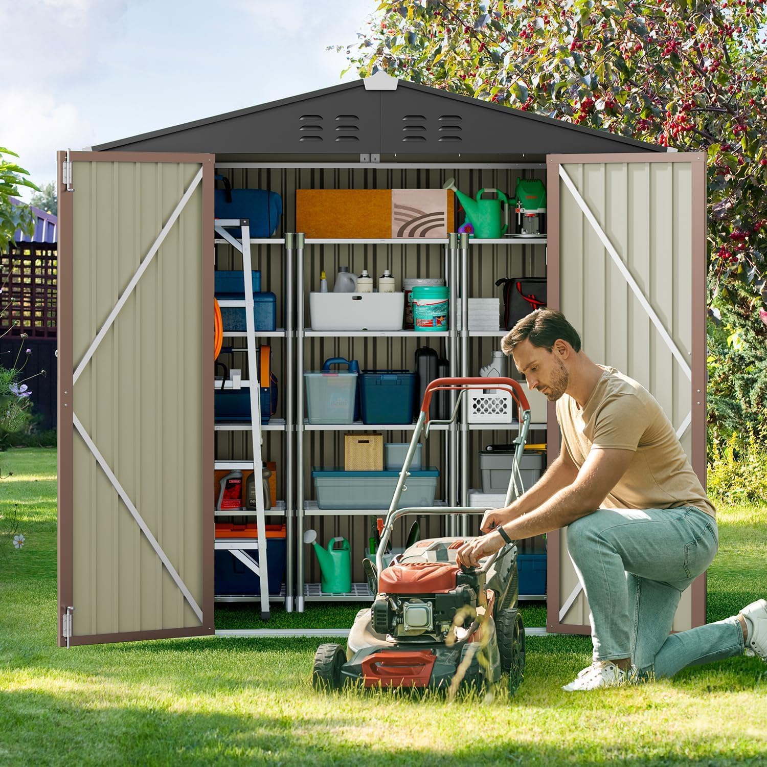 Gizoon Outdoor Storage Shed 6 x 4 FT, Galvanized Metal Garden Shed with Double Lockable Doors, Outdoor Storage Clearance for Backyard Patio Lawn-Light Brown