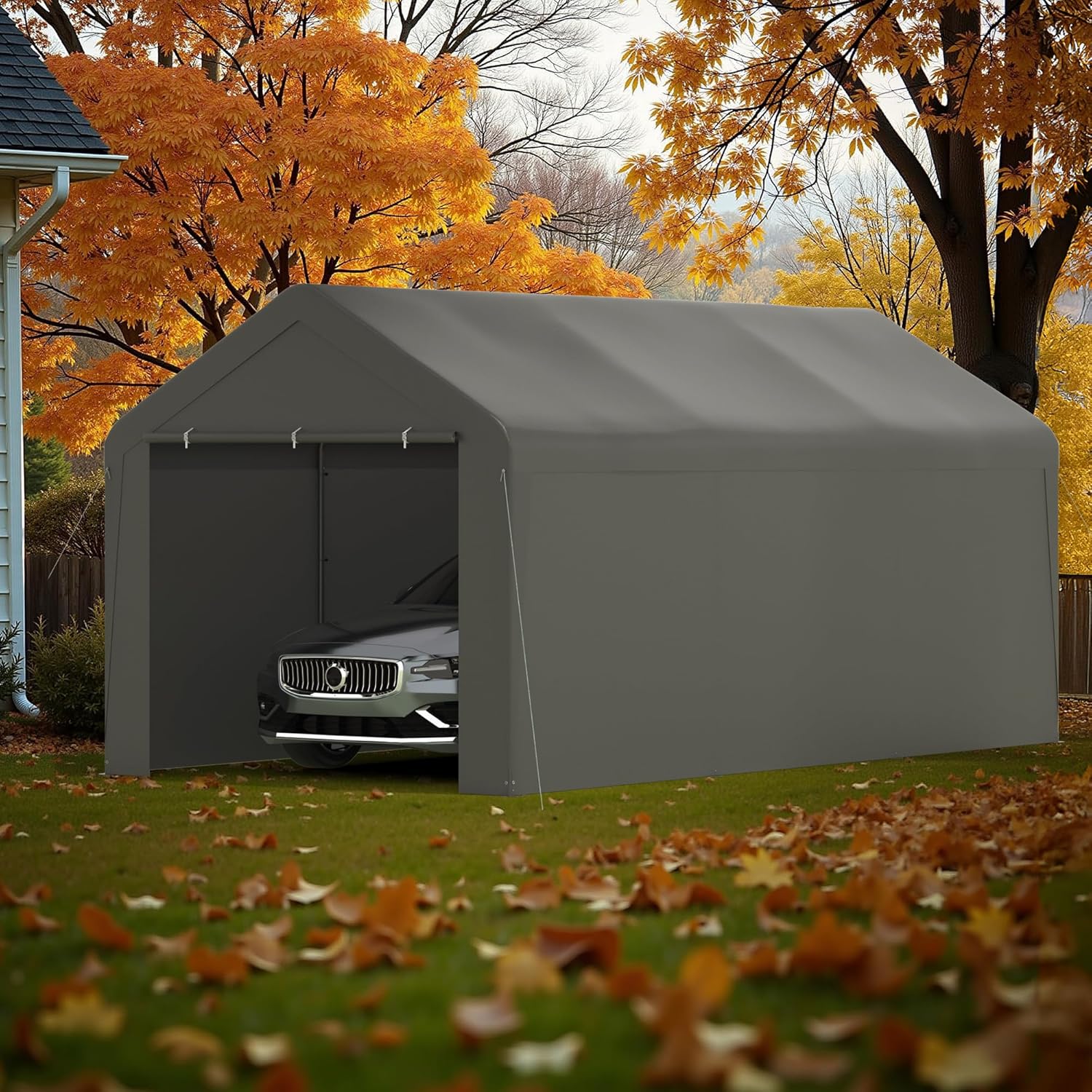 Carport, 10‘ x 20’ Heavy Duty Portable Garage All-Season Car Canopy w/Removable Sidewall & Doors, Carport Canopy Party Tent w/Water-Resistant Tarp for Backyard (Grey, 10‘ x 20’)