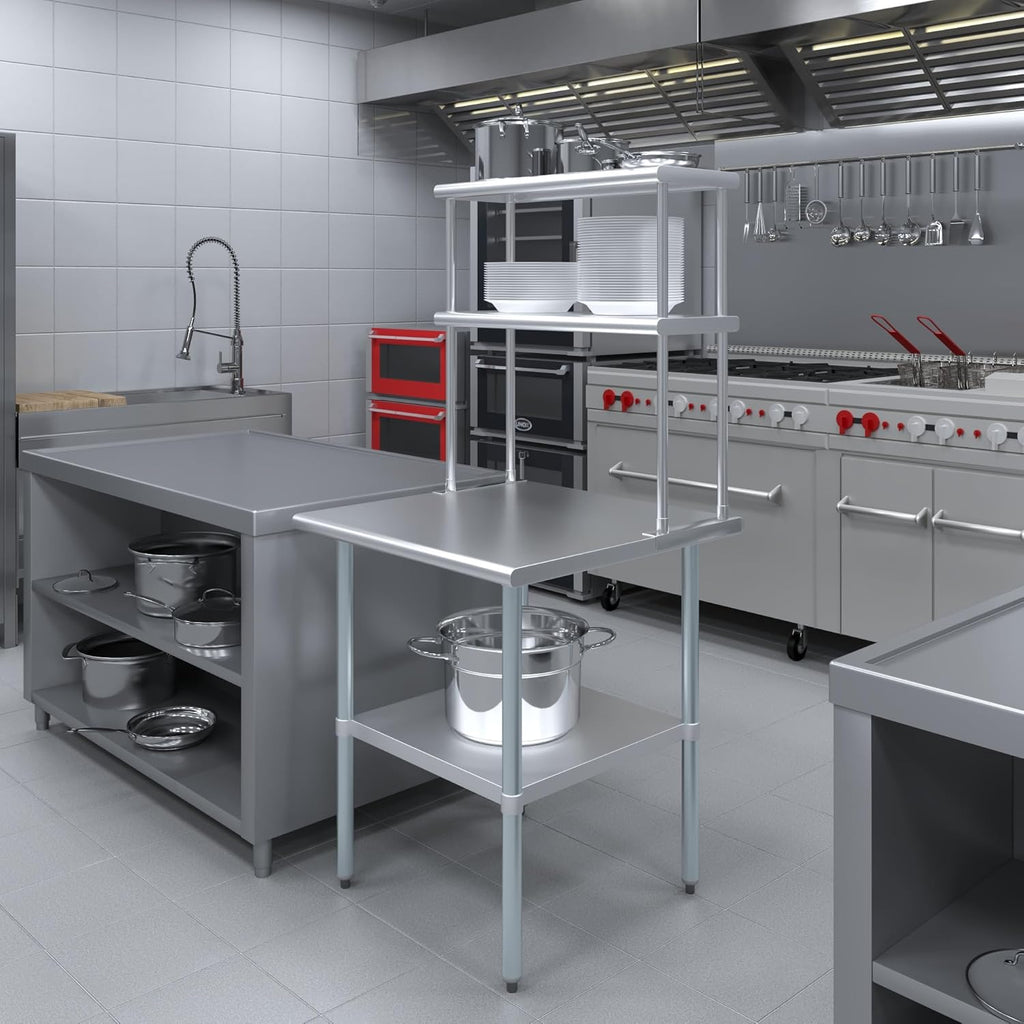 Amgood Stainless Steel Work Table Double Tier Overshelf | Metal Kitchen Prep Table & Shelving Combo (30" x 30" Work Table + 12" Overshelf)