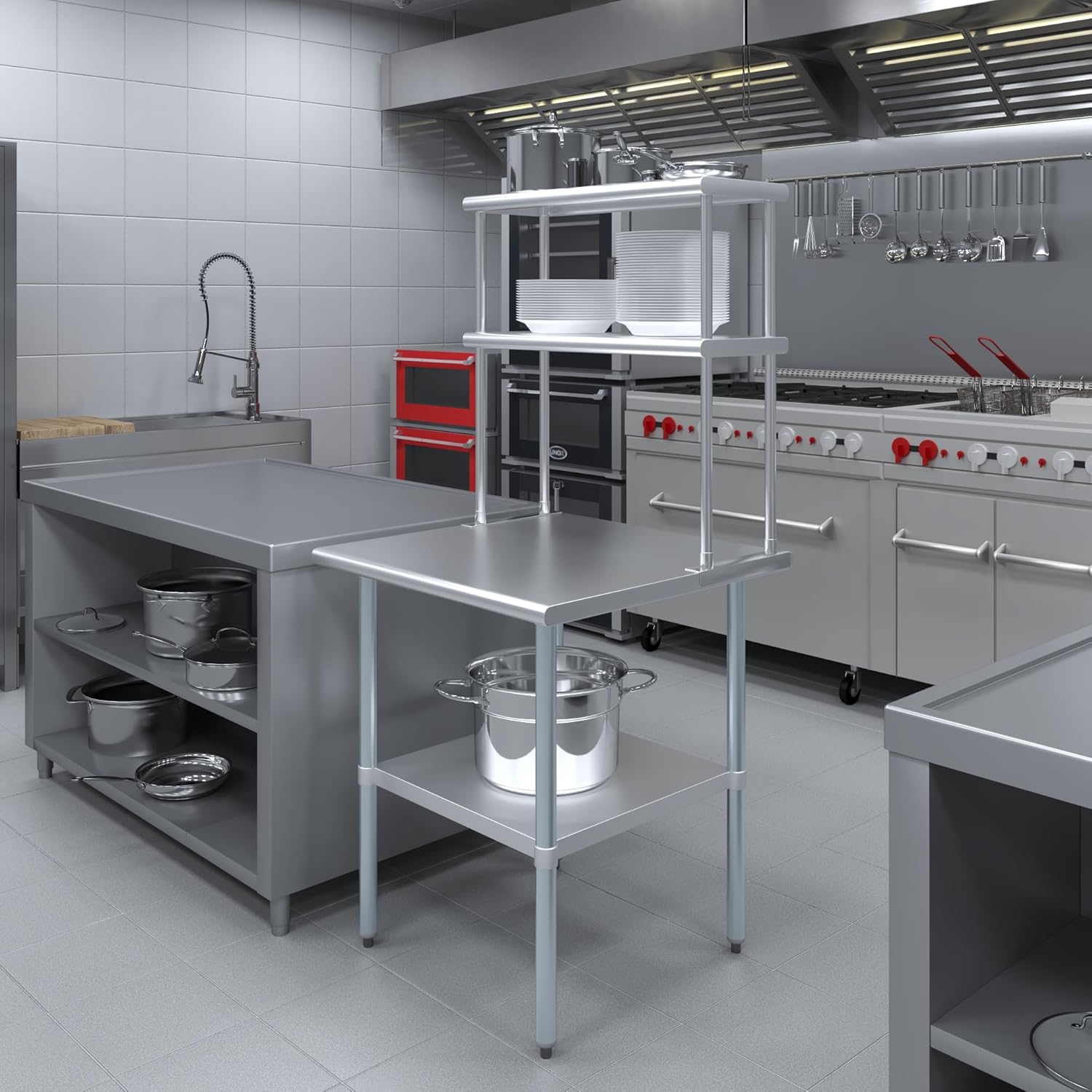 Amgood Stainless Steel Work Table Double Tier Overshelf | Metal Kitchen Prep Table & Shelving Combo (30" x 30" Work Table + 12" Overshelf)