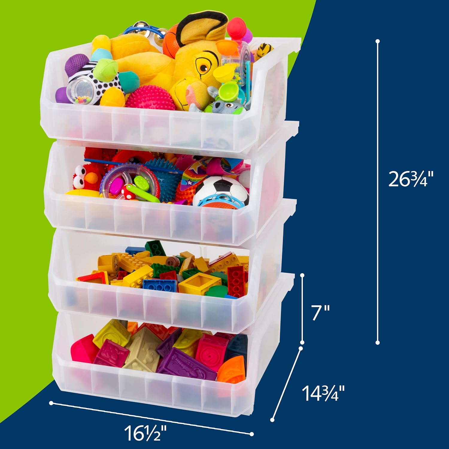 Plastic Containers for Organizing and Storage Bins for Closet, Kitchen, Office, Garage or Pantry Organization, Stackable Bins, Extra Large (14.8" x 16.5" x 7"), 4-Pack, Clear