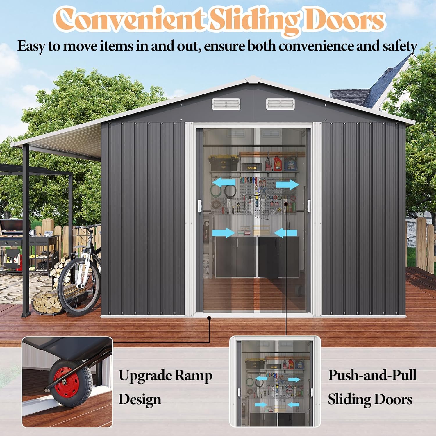 AMERLIFE 10.6x10.3x6.3 FT Galvanized Metal Storage Shed with Open Firewood Bay, Sliding Doors & Ramp, 2 Windows & Vents, Weather-Resistant Outdoor Tool/Garden Shed, Dark Grey/White
