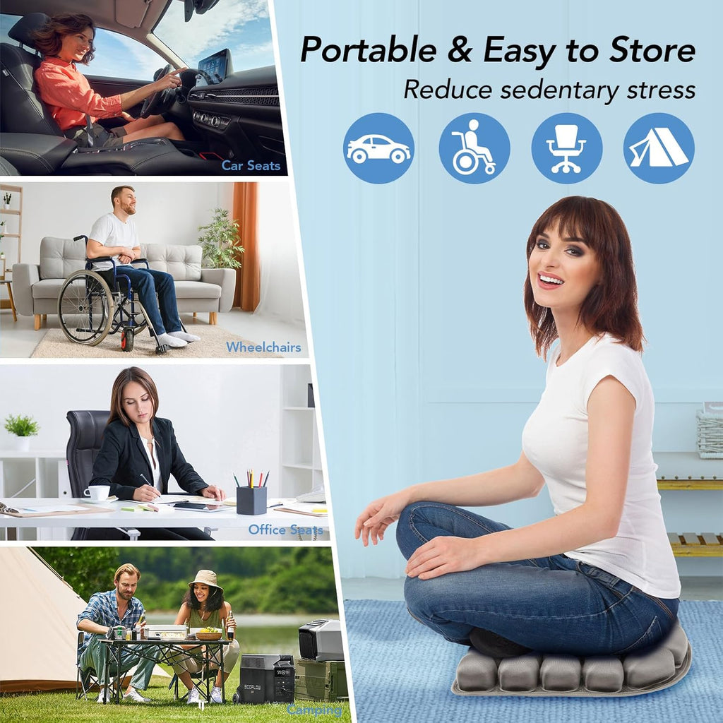 Travel Seat Cushion, 3D Air Inflatable Pressure Relief Cushion for Hemorrhoid and Tailbone Pain Relief, Optimal Support for Long Sitting in Car, Air Travel, Office Chairs, Home Living (Grey)
