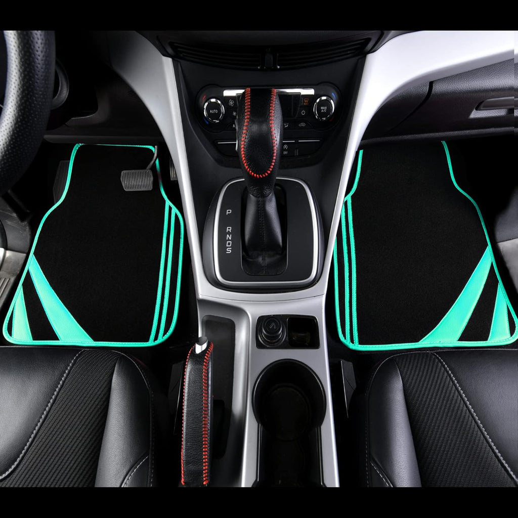 CAR PASS Mint Green Edge Leather Car Floor Mats, Universal Car Mats with Double Stitch Line and Anti-Slip Backing Design, for Cute Girly Women, Fit 95% Automotive,SUVs,Sedan,Vans (Black and Mint)