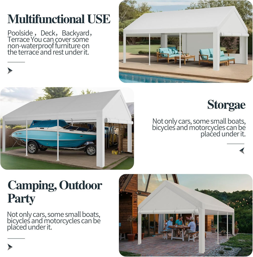 Shintenchi Carport 10' x 20' Heavy Duty Portable Garage, Car Port Canopy with Side-Opening Removable Door & Roll-Up Windows, Car Canopy for Truck,Car,Boat,Motorcycle,White