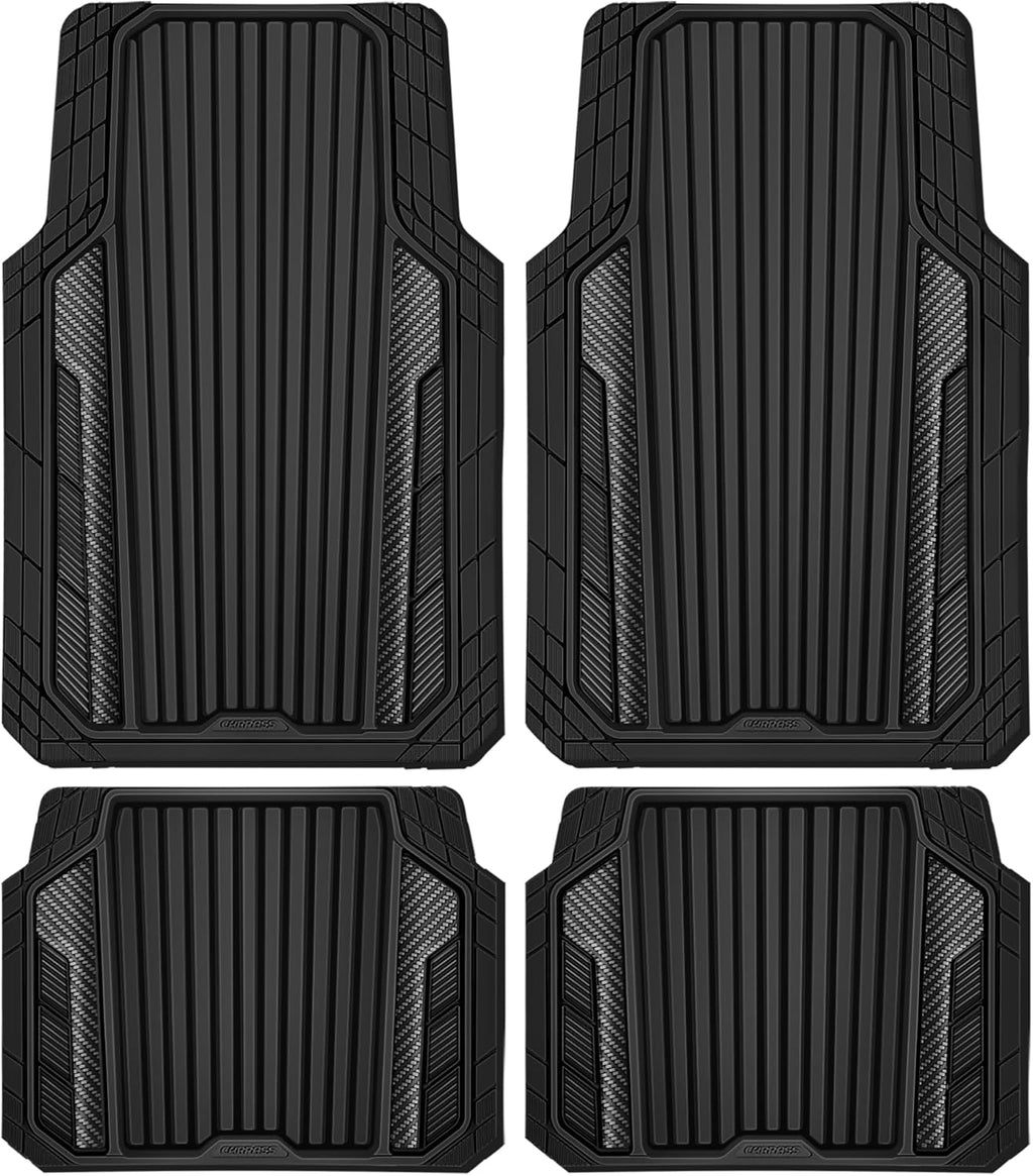 CAR PASS Heavy Duty Rubber Car Mats Metallic,Aluminum Film All Weather Floor Mats Waterproof Universal Trim to Fit SUVs Sedans Vans 4 Piece Anodized Deep Dish Two-Tone Sporty Carbon Fiber Black Chrome