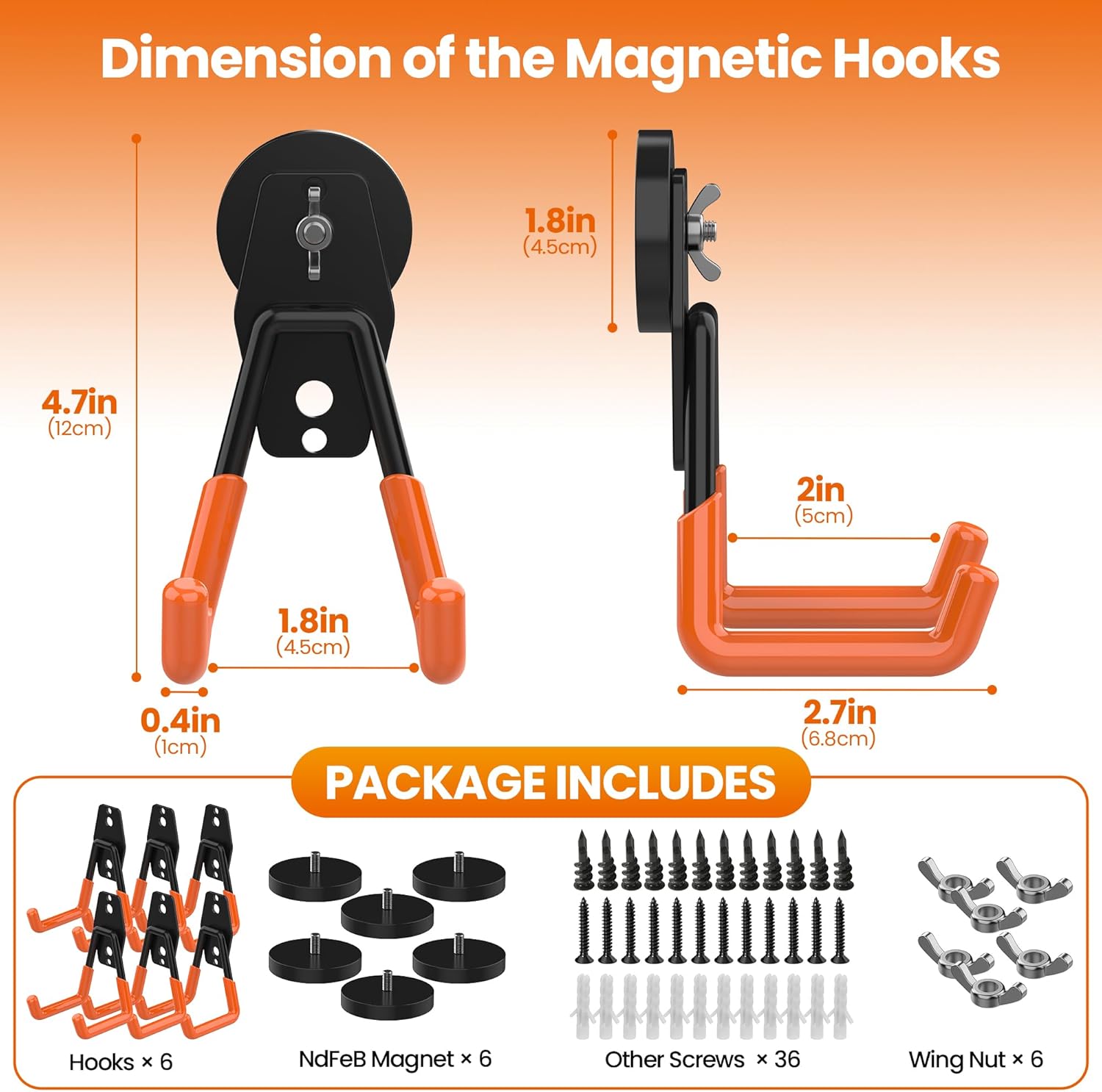 6 Pack Large Magnetic Hooks Heavy Duty Extra Strong Magnetic Garage Hooks Big NdFeB Industrial Magnet Hooks Magnetic Utility Storage Holder Organization with Anti-Slip Coating for Hanging Garden Tool