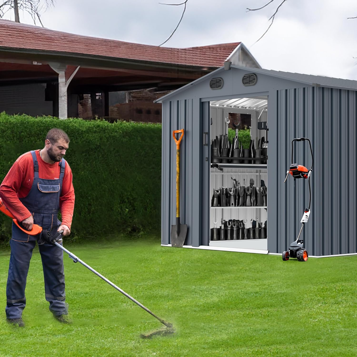 Outdoor Storage Shed 8x10 FT with Window - Metal Sheds & Outdoor Storage for Motorcycle, Bike, Garden Tool, Lawnmower - Backyard Tool Building with 1 Sliding Door and 4 Vents (Without Floor)