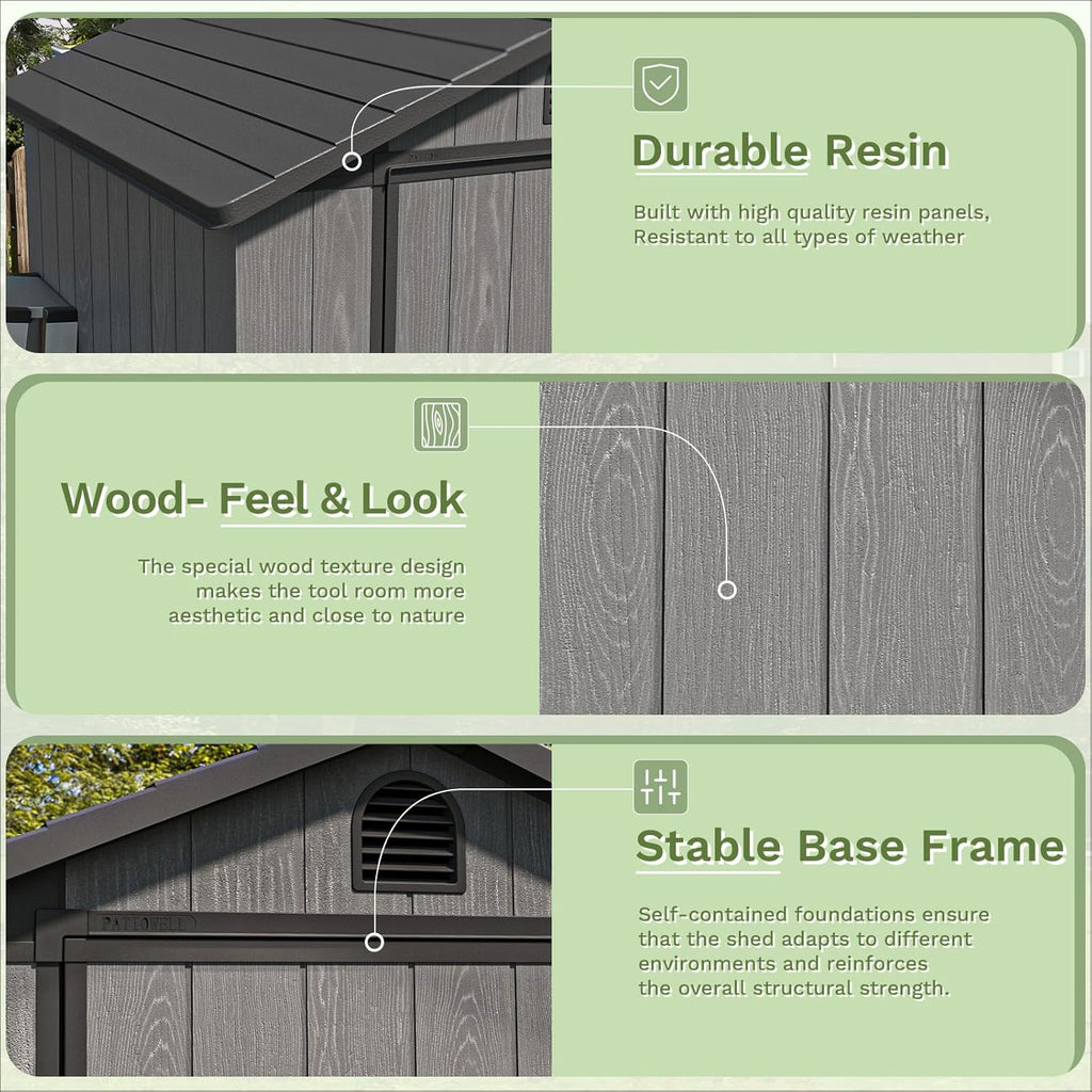 Patiowell 4' x 4' Plastic Outdoor Storage Shed with Floor, Resin Outside Tool Shed with Window and Lockable Door for Backyard Garden Patio Lawn, Gray (Fit-it Shed)