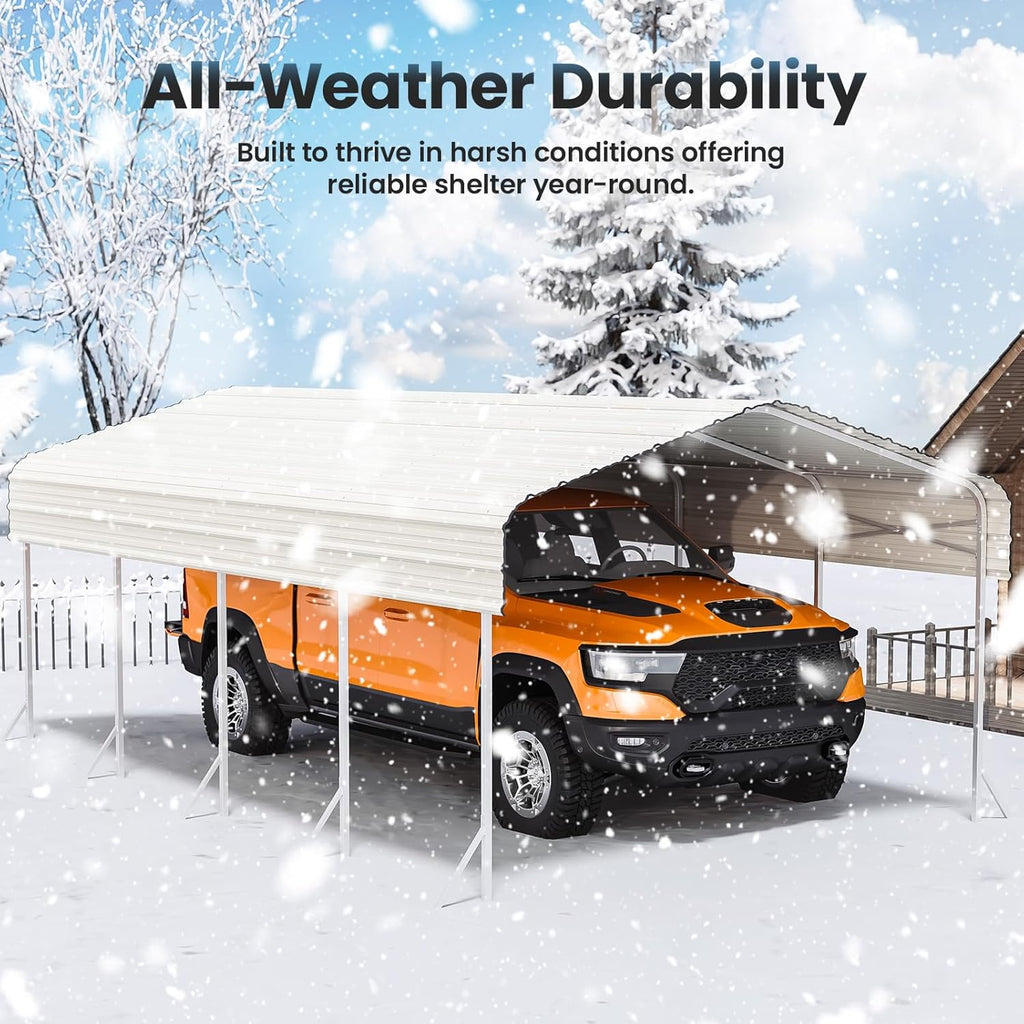 12x20' Heavy Duty Metal Carport – Sturdy Structure, All-Weather Protection, Easy Assembly for Cars, Trucks, Boats, Tractors, and Outdoor Storage (White, 12x20FT)