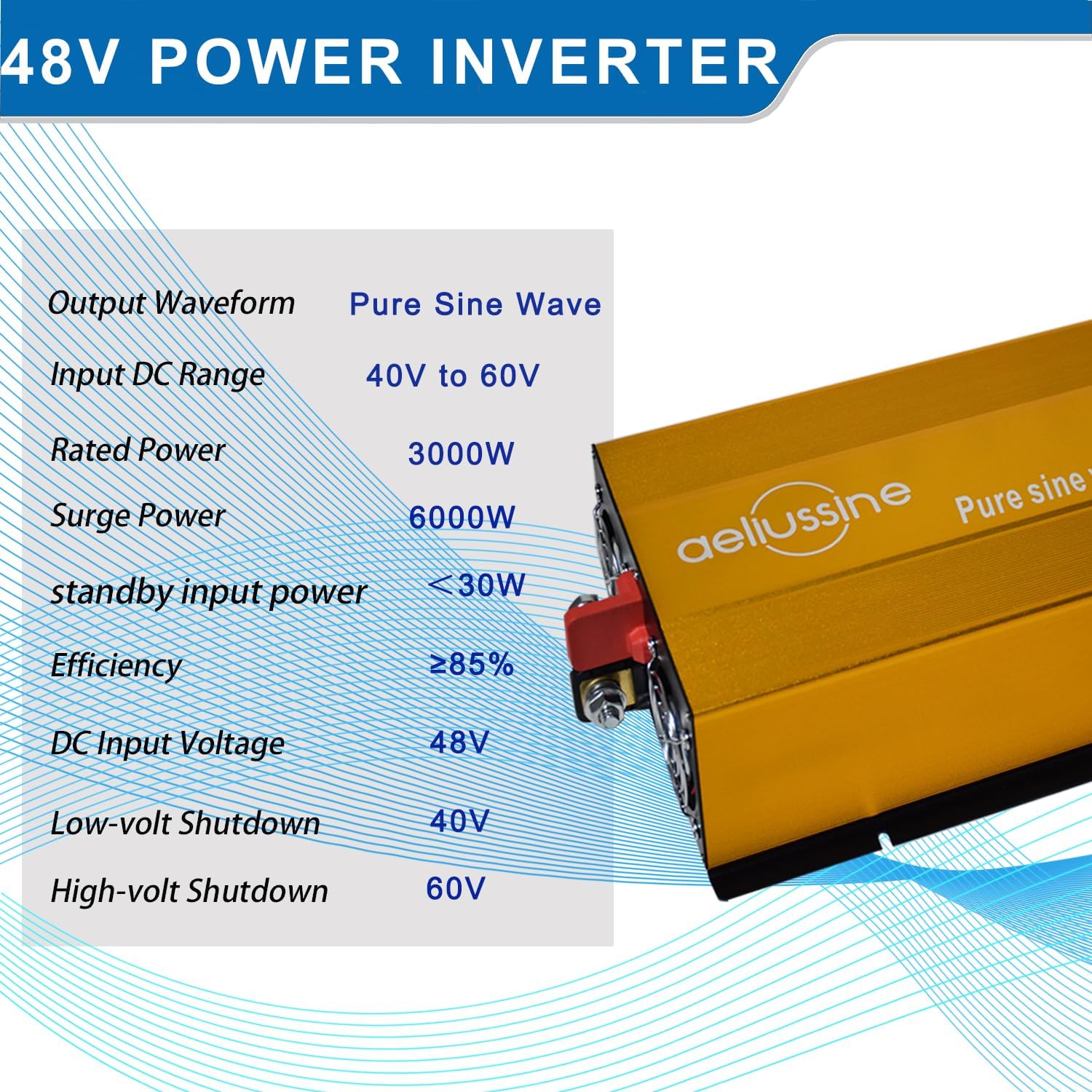 3000W Pure Sine Wave Inverter-48V DC to 110V AC Power Converter with 2 AC Outlets, 48 Volt Power Inverter for Truck, Rv, Camping, Home, Emergency Power