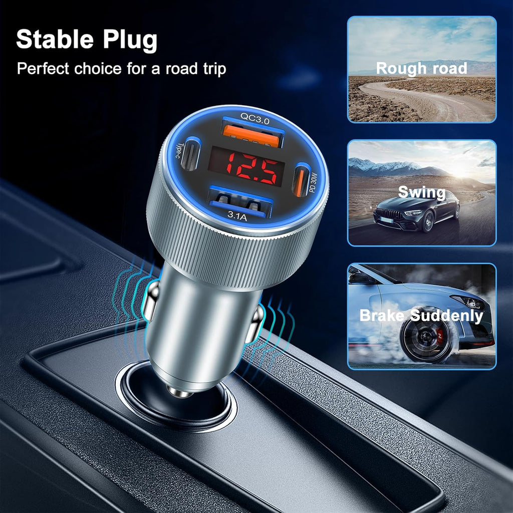 Car Phone Charger, Besgoods USB C Car Charger Adapter 4 Ports with Voltmeter PD&QC Fast Charging Cigarette Lighter USB Charger for iPhone 16 15 14 13 12 Galaxy S24 S23 A54 A15 Dash Cam Car Acc, 2Pack