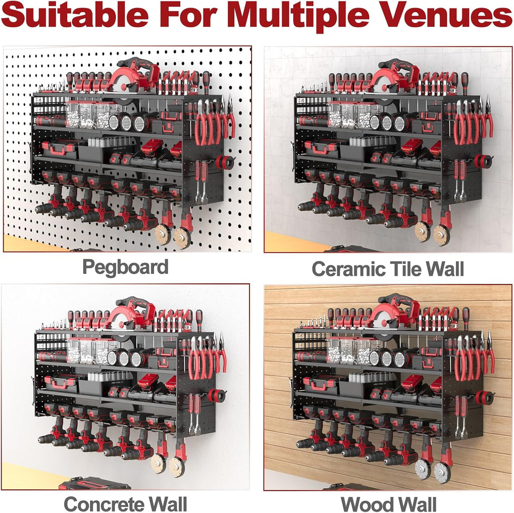 Power Tool Organizer Wall Mount, 4 Tier Tool Storage Rack with 8 Cordless Drill Holders, Heavy Duty Power Tool Shelf for Garage Organization Workshop
