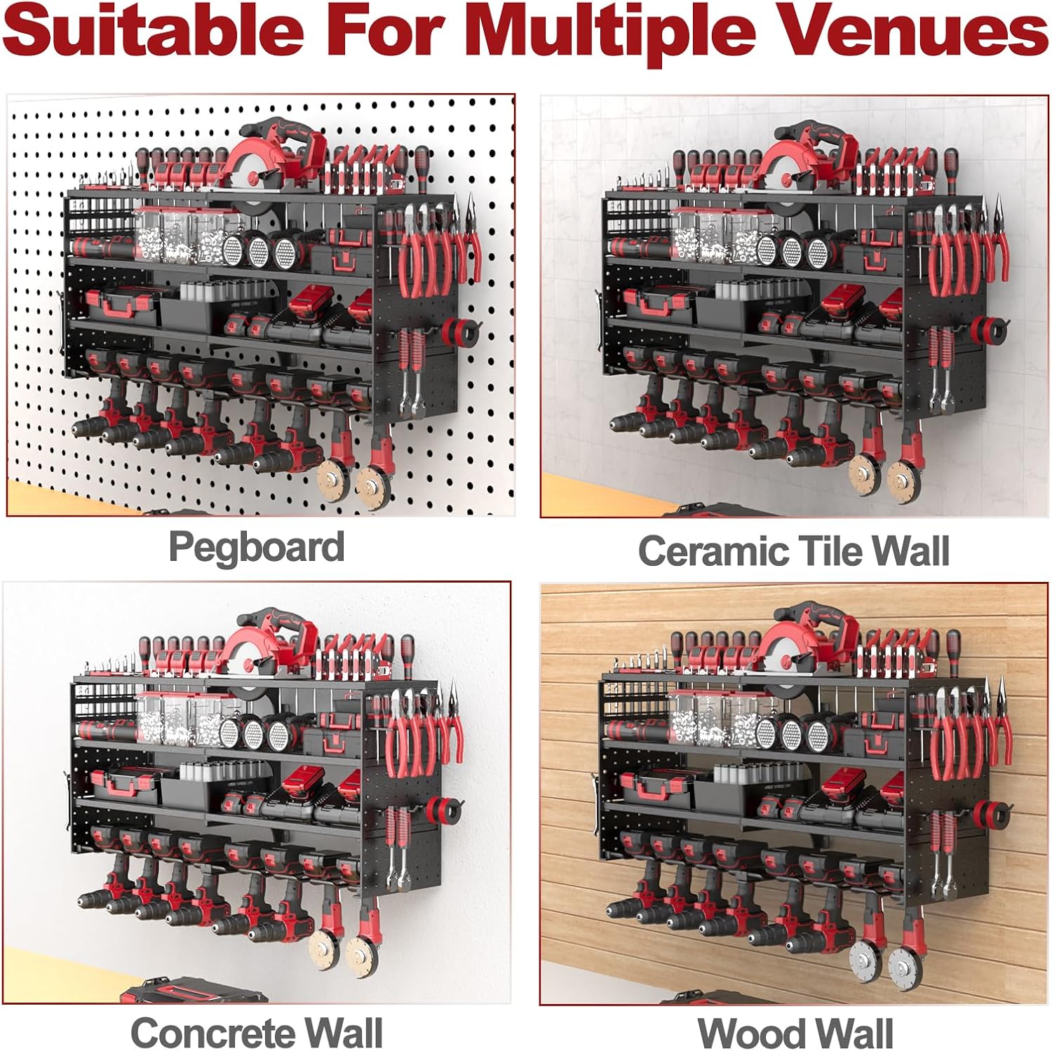 Power Tool Organizer Wall Mount, 4 Tier Tool Storage Rack with 8 Cordless Drill Holders, Heavy Duty Power Tool Shelf for Garage Organization Workshop