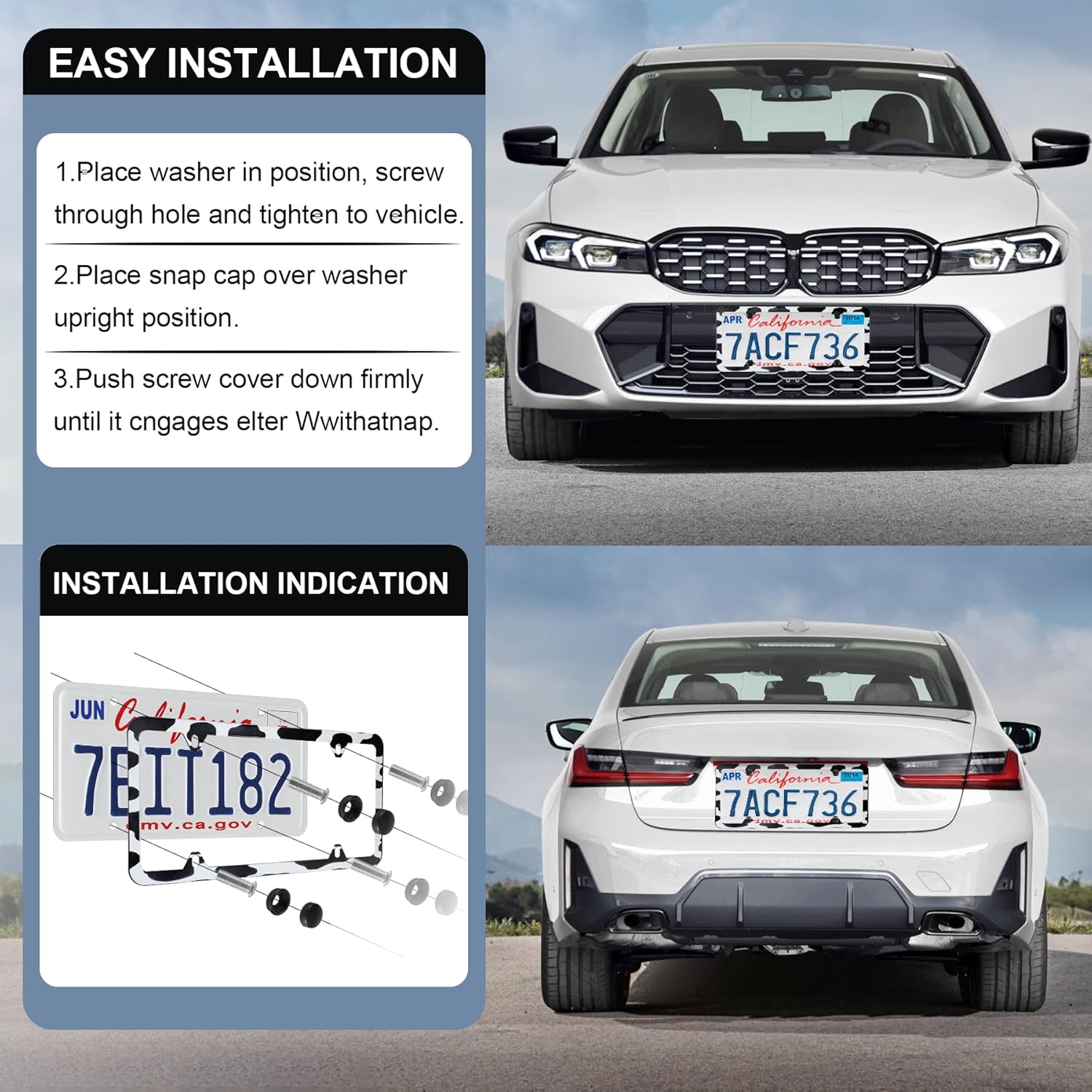 LivTee 4 Holes Stainless Steel License Plate Frames, 2 PCS Car Licence Plate Covers, Automotive Exterior Accessories Slim Design with Bolts Washer Caps for US Vehicles, Cow Spot