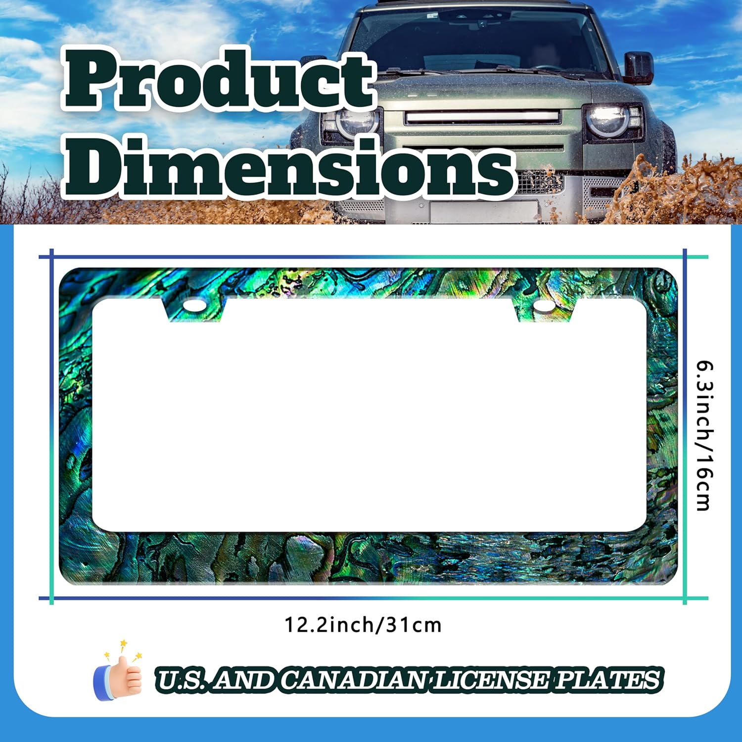 Faux Abalone License Plate Frame Funny Stainless Steel License Plate Holder for Front or Rear Car Tags for Car Decoration Accessories Rust-Proof with Screws 6.3 X 12.2 in for Women Men