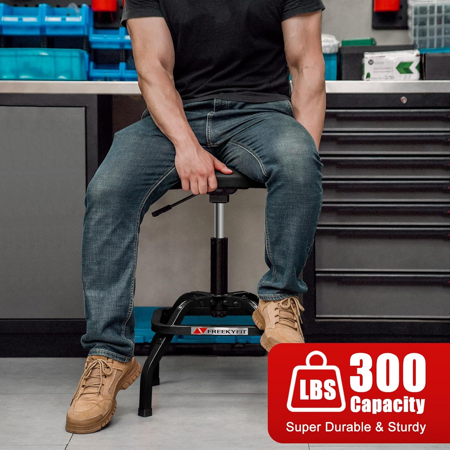 Shop Stool with Backrest, Mechanic Garage Stool for Workshop, Adjustable Shop Stools Chair, Padded Workbench Stools for Men Women, 300 LBS Capacity, 360° Swivel PVC Seat, Heavy Duty, Black